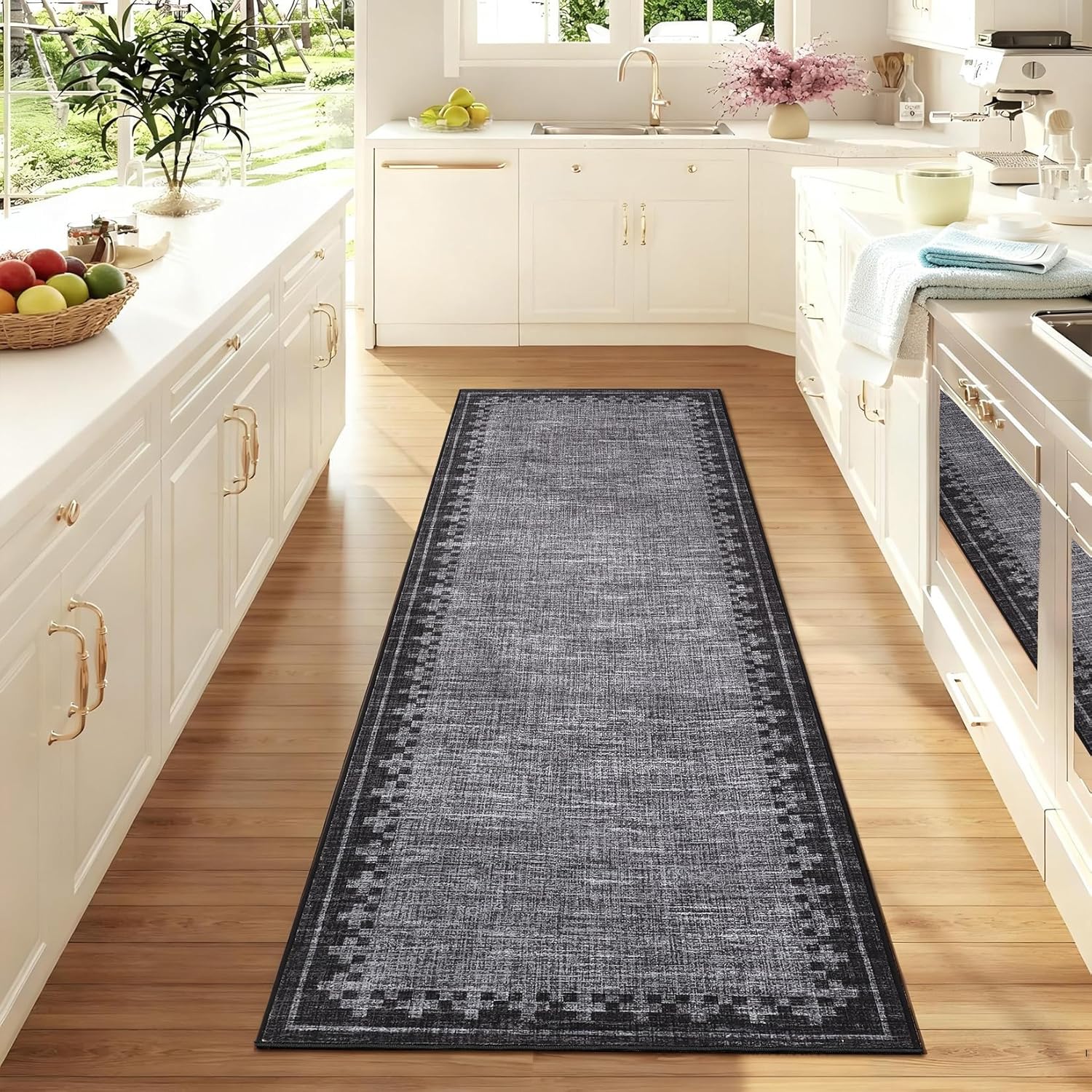 Garvee Washable Rug 2x6 Runner Rug Modern Border Kitchen Rugs Non Slip Rugs for Entryway Bedside Carpet Border Stain Resistant Carpet Low Pile Floor Cover for Bathroom Laundry Room,Black Grey