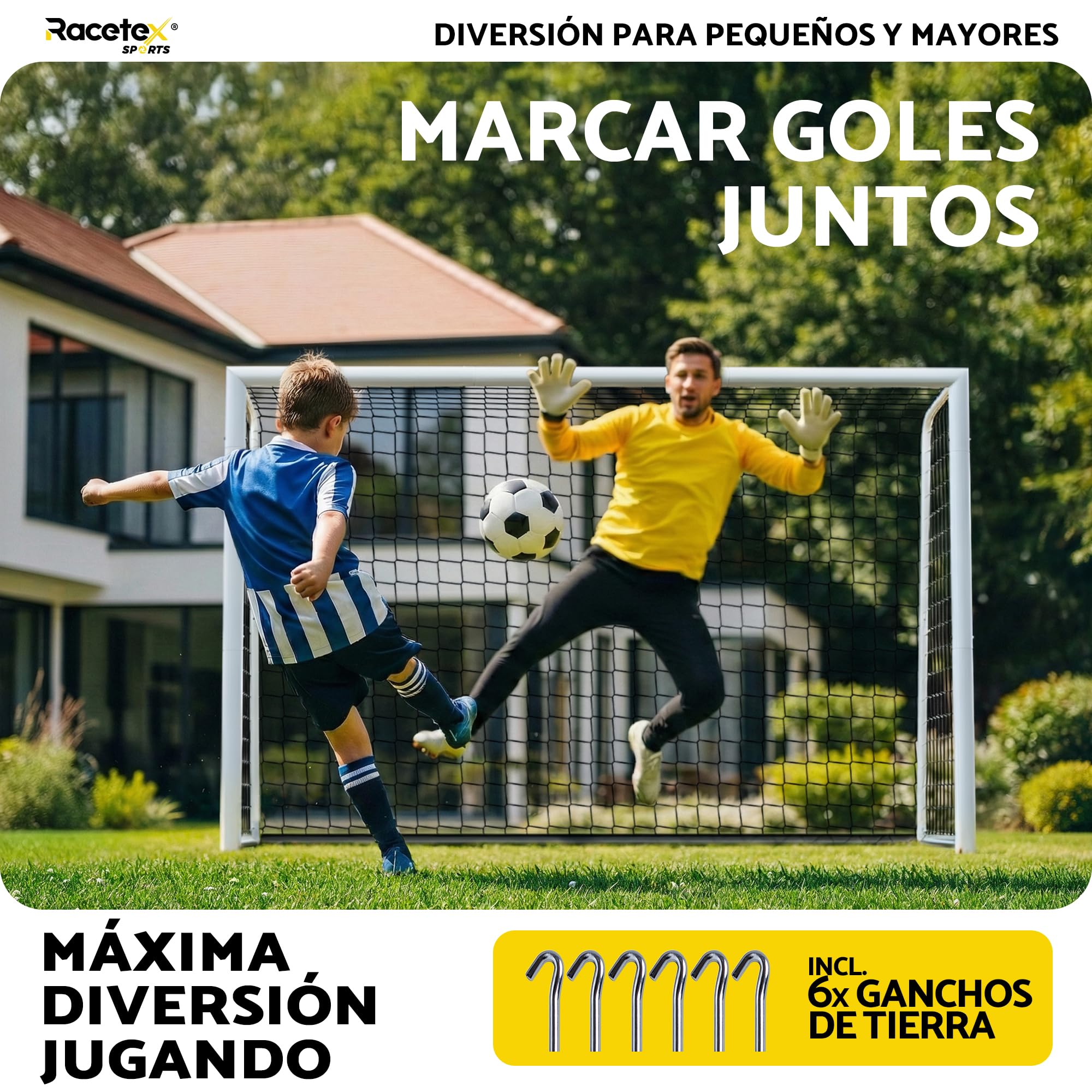 Portería de fútbol Racetex para jardín con marco de acero estable y anclaje de acero inoxidable