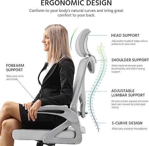 Miniatura 5 de Topeakmart Silla de escritorio de oficina de malla con respaldo alto con reposabrazos abatible de 90, reposacabezas acolchado ajustable, silla