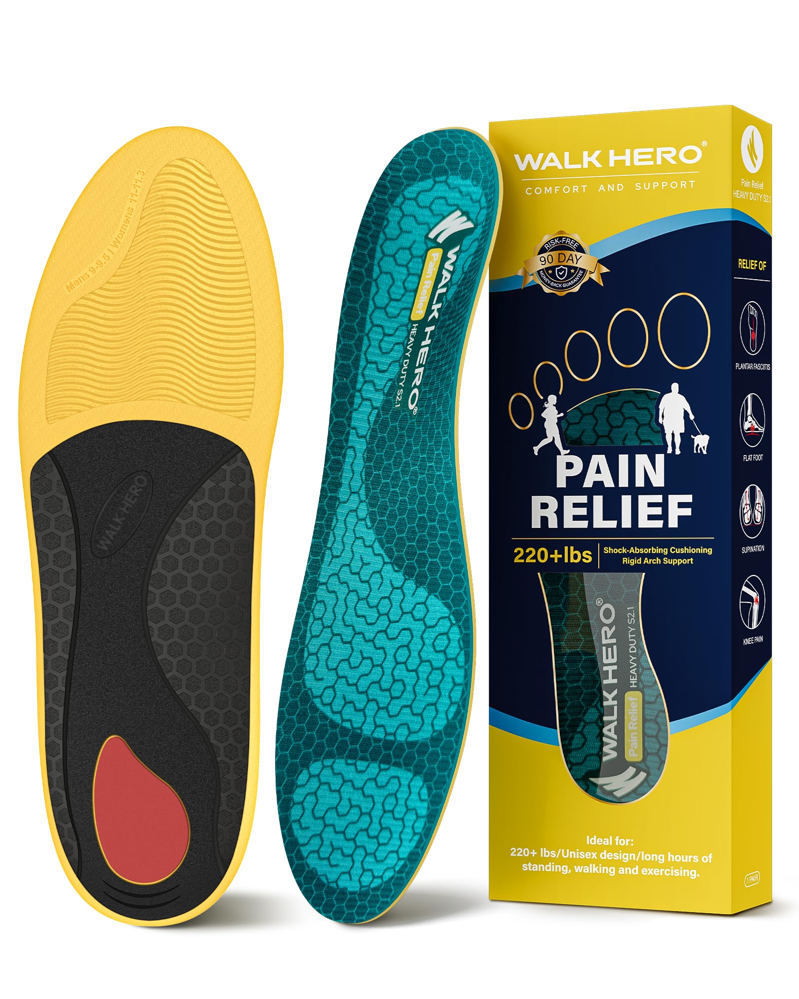 WALK·HERO COMFORT AND SUPPORT WalkHero Heavy Duty Plantar Fasciitis Arch Support Insoles, Flat Feet Shoe Inserts with Shock Absorption and Cushioning, 220+lbs Pain Relief Orthotics Inserts (Mens 13-13.5, Coral Green)