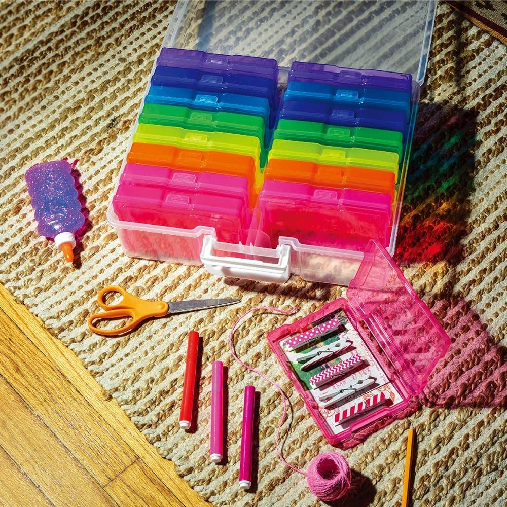 Fotoaufbewahrungsbox mit 16 innere Fotohalter, 17 × 12 cm Fotoetui, Mehrfarbige Durchsichtige Fotoboxen, zur Aufbewahrung von Saatgut Handwerk Karten, Bürobedarf (1×Aufkleber)