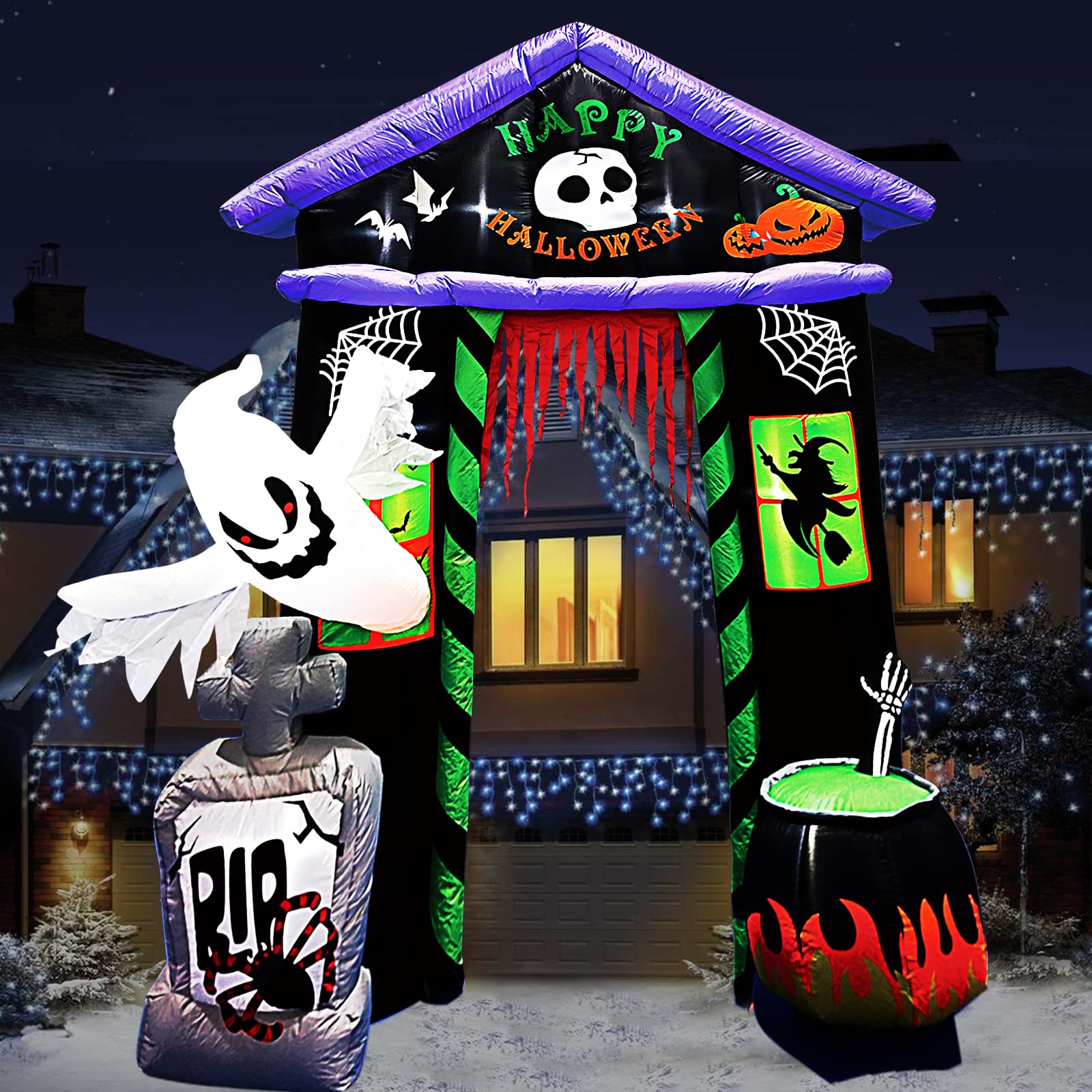 Pheo Care 9FT Halloween Inflatables Castle Archway with Skeleton Ghost Witch Bat Spider Pumpkin, Blow up Arch with Build-in LEDs, Scary Decorations for Indoor Outdoor Holiday Lawn, Yard, Garden Party