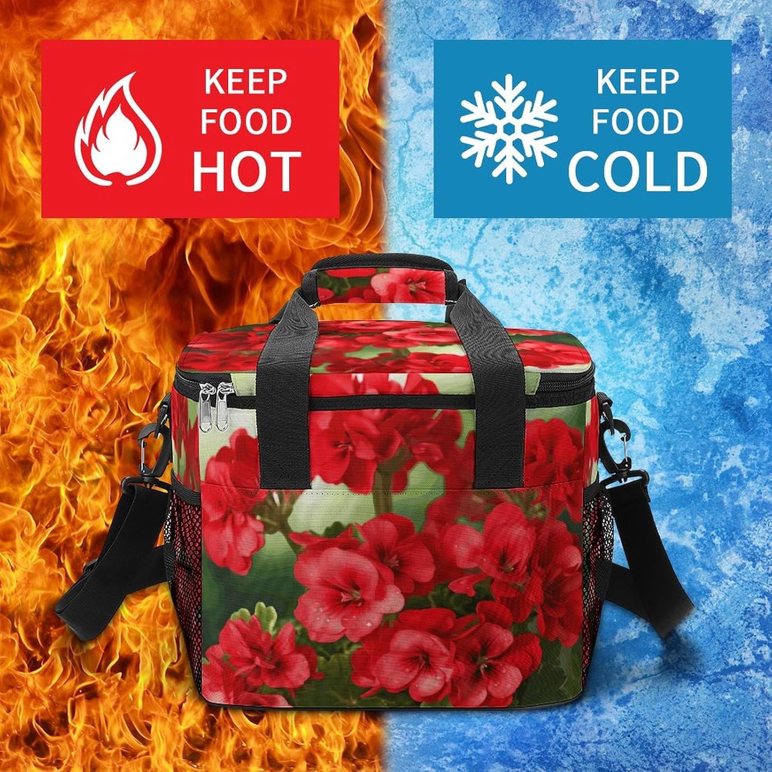 Large-Capacity Oxford Cloth Red Geraniums Printed Camping Ice Bag, Outdoor Portable Insulation and Cold Storage Bag, Enjoy A Cool Camping Time
