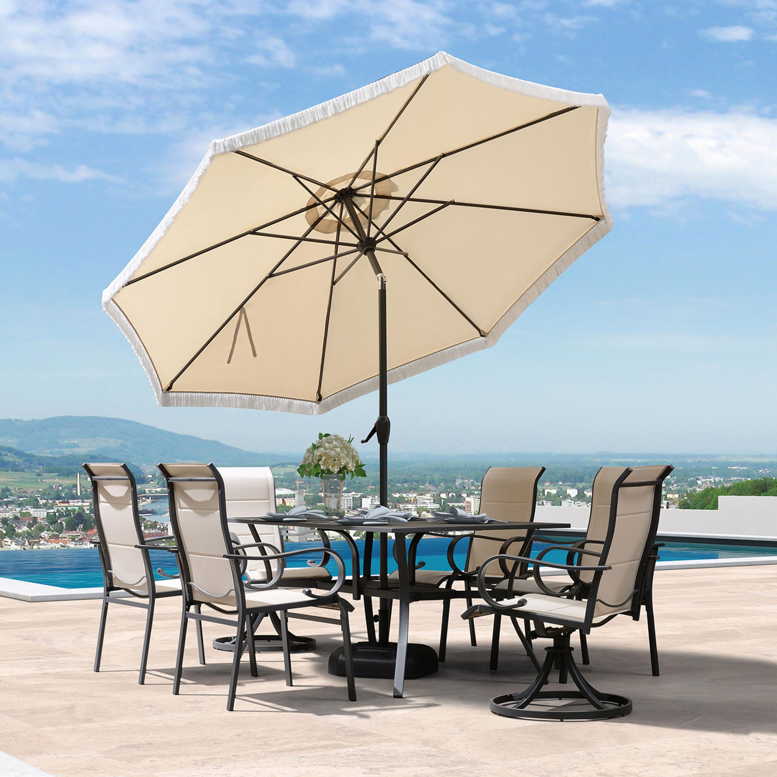 PURPLE LEAF 9 FT Patio Market Umbrella Outdoor Table Fringe Tassel Umbrellas with Tilt Button and Crank 8 Sturdy Ribs for Pool Garden Deck Yard Beach Beige