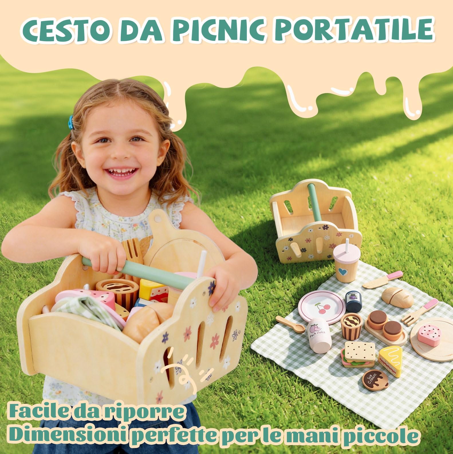 Set da picnic per bambini con servizio da tè per bambini, giocattolo da dessert – giocattolo in legno e da giardino per bambini e ragazze