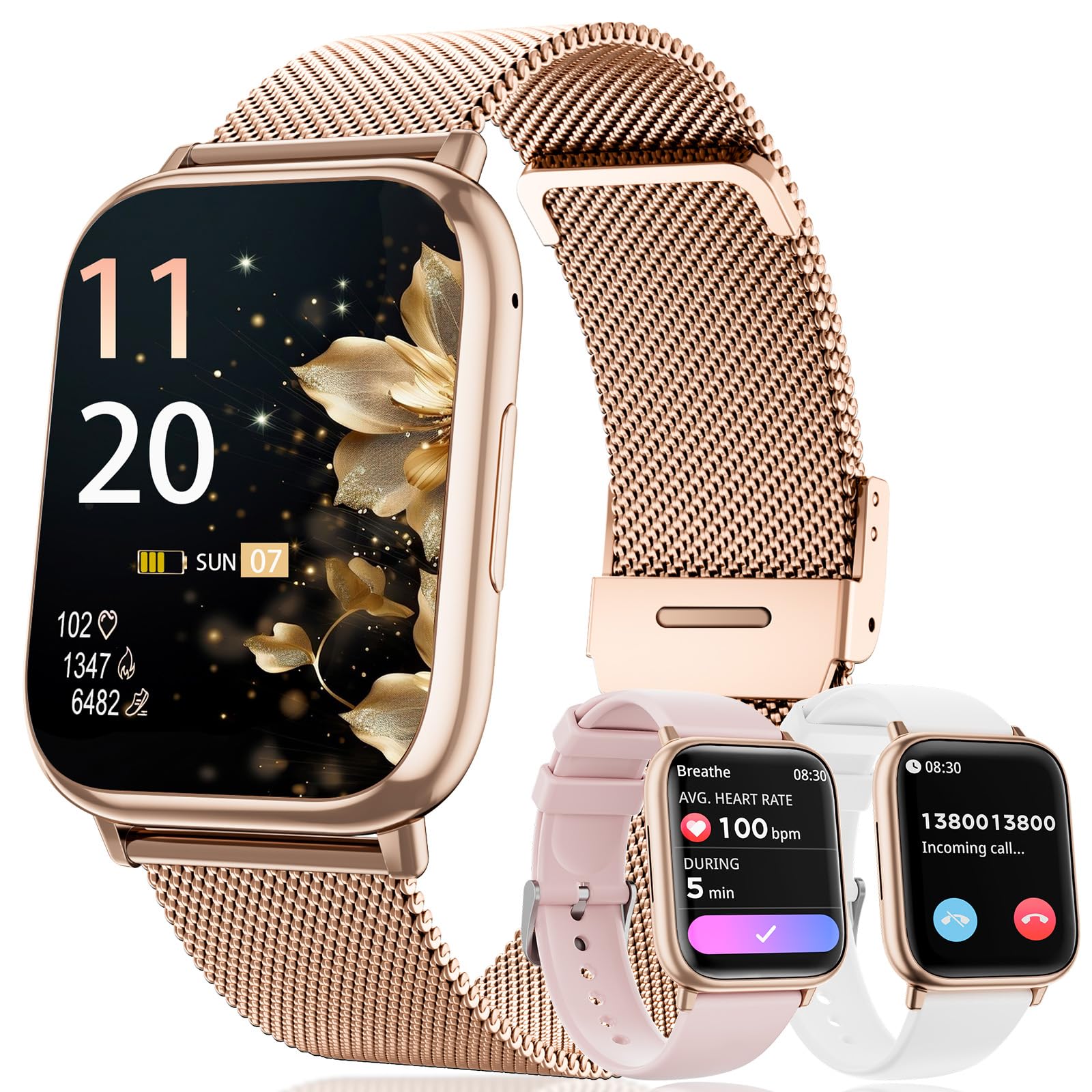Smartwatch donna, 1,83" Orologio bluetooth con Effettua/Risposta Chiamate,113+Sportive Smart watch Contapassi/24H Cardiofrequenzimetro/Sonno/SpO2, IP68 Fitness Tracker per Android iOS(Oro rosa)