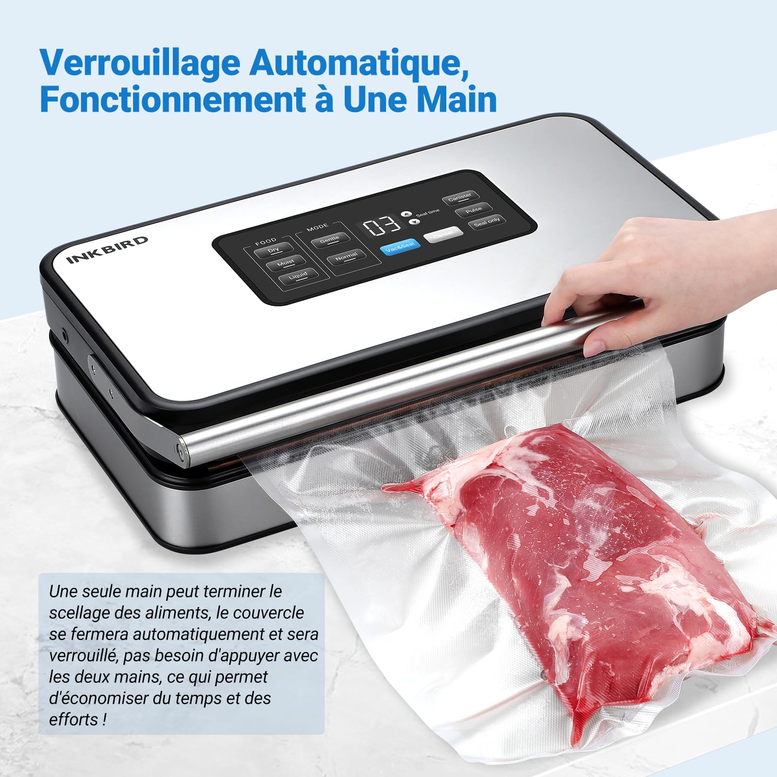 INKBIRD Machine Sous Vide Professionnelle pour Alimentaire, Double Pompe, Automatique, Modes Sec/Humide/Liquides, 20L/min, 160 Watts, Silencieuse, Coupeur Intégré et Rangement, Sacs et Rouleaux Inclus