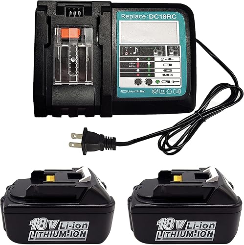 The Power Shop 2 Pack 5000mAh BL1850B Batteries and 14.4V-18V DC18RC Charger Replacement for Makita BL1850 BL1850B BL1860B BL1840 BL1830 BL1815