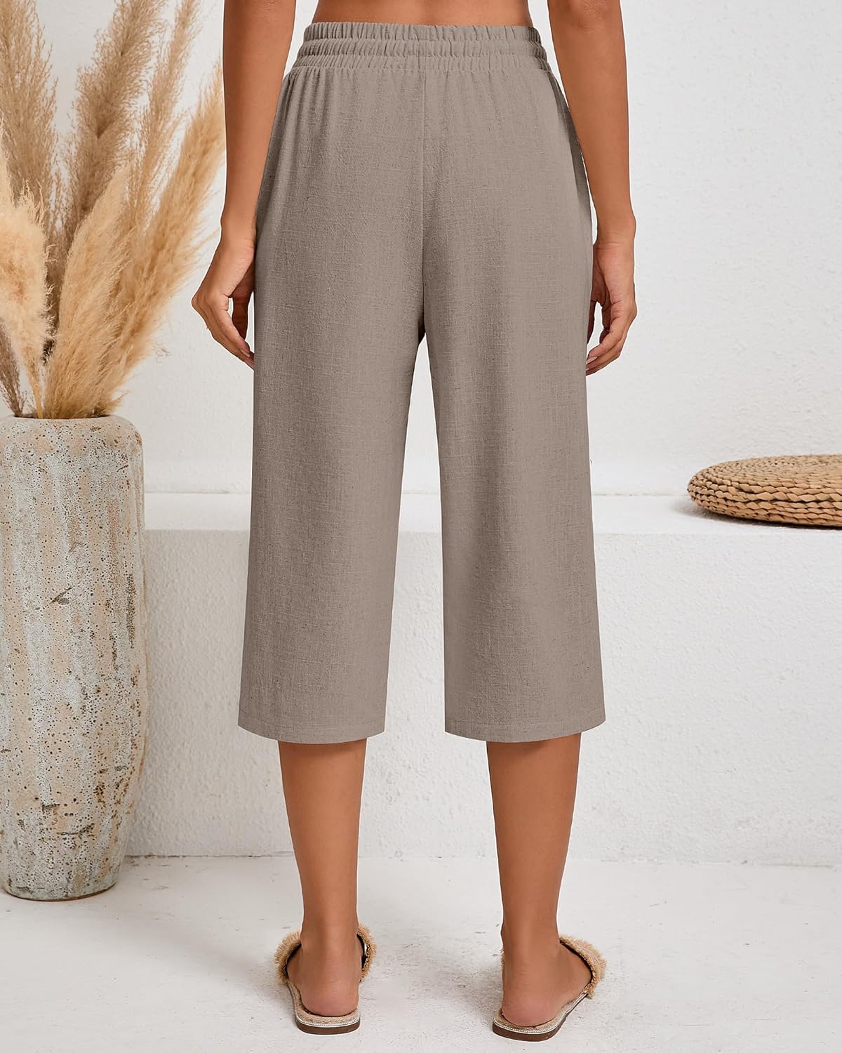 Neer 2 Pack Women's Linen Capri Pants Basics Wide Leg Casual Loose Drawstring Elasticated Beach Capris Pant with Pocket - Image 4