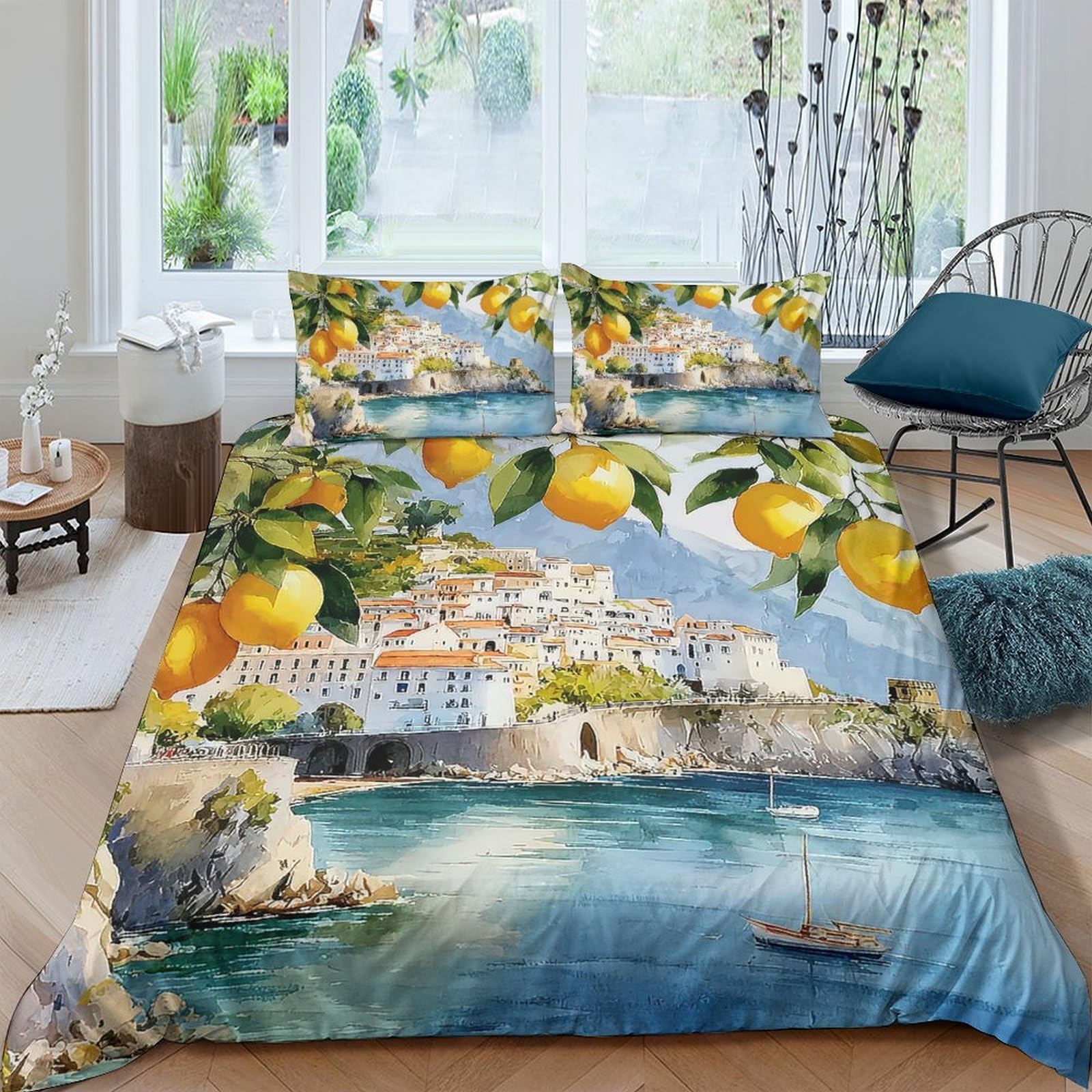 Ctjqhvkz Style-6 3D Printed Amalfi Lemon Fitted Sheet Microfiber Soft Mediterranean Coast Bed Cover For Bedroom Guest Room Decor Single（135X200cm）