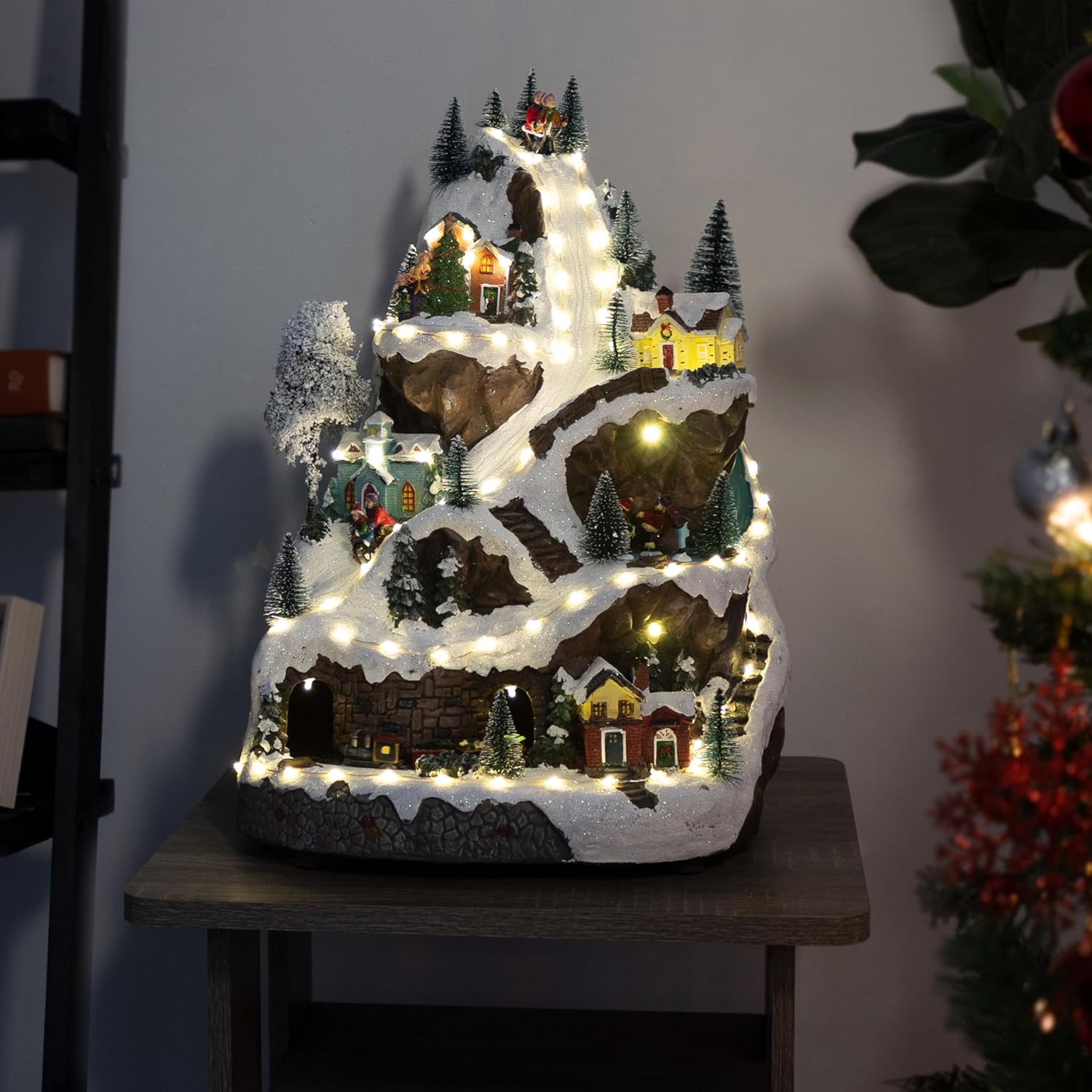 Alpine Corporation 18"H Indoor Animated Winter Wonderland Set with LED Lights and Music , Christmas Decoration Mountain Village