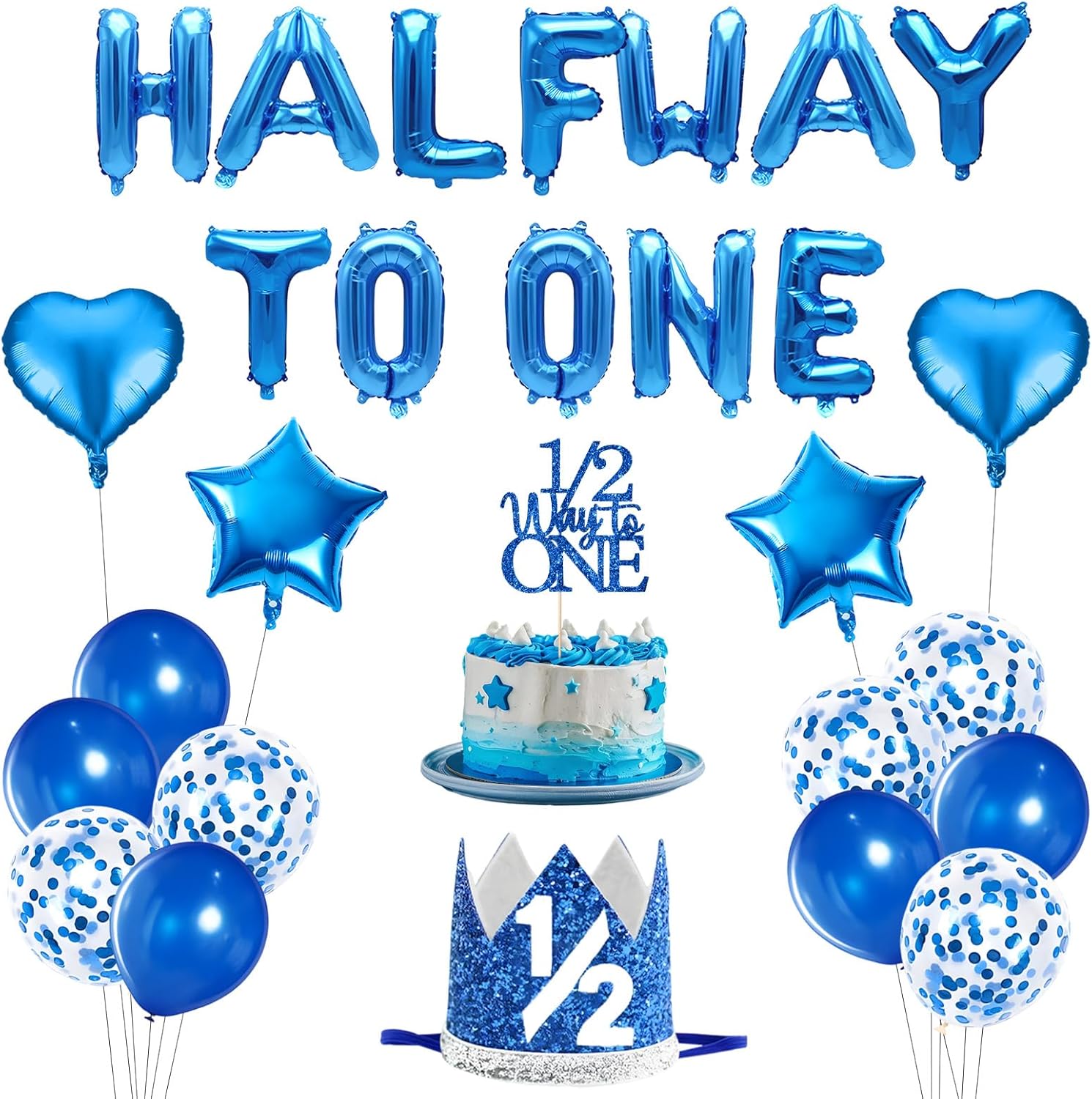 Half Birthday Decorations Boys - Half Way To One Balloons, 6 Months Birthday Decorations & 1/2 Birth-day Party Supplies Kit | HalfWay to One Banner Balloons, Glitter Crown, Cake Topper