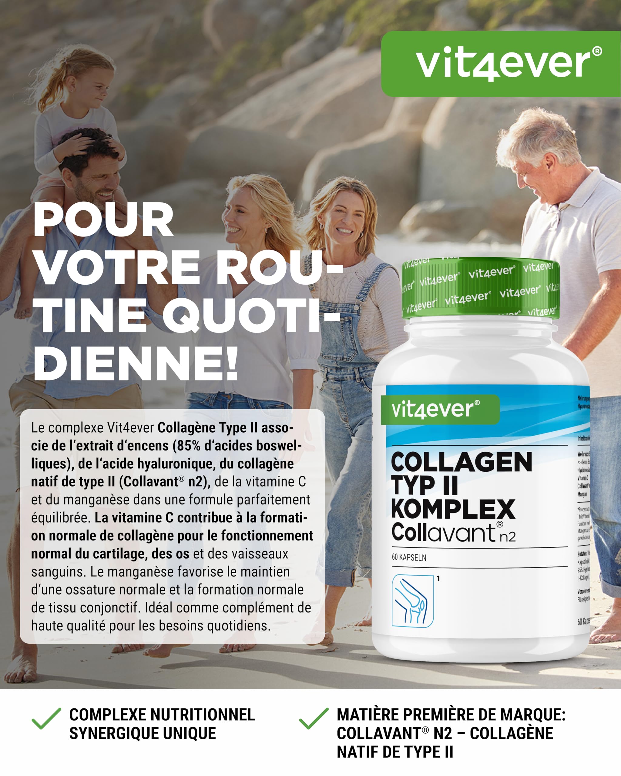 Complexe Collagène de Type II – avec Collagène Natif Collavant N2®, Extrait d’Encens, Acide Hyaluronique, Vitamine C, Manganèse pour les Os, le Cartilage et les Articulations