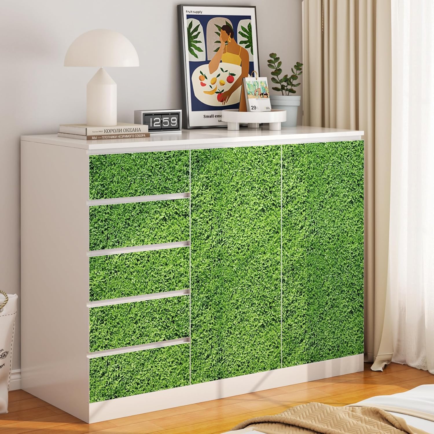 FunStick 44.5CM×9M Papel Pintado Verde Hojas de Hierba Vinilo Adhesivo Muebles Dormitorio Impermeable Papel Adhesivo Pared Verde Vinilos de Pared Decorativos Dormitorio Salon Hojas de Hierba Bricolaje