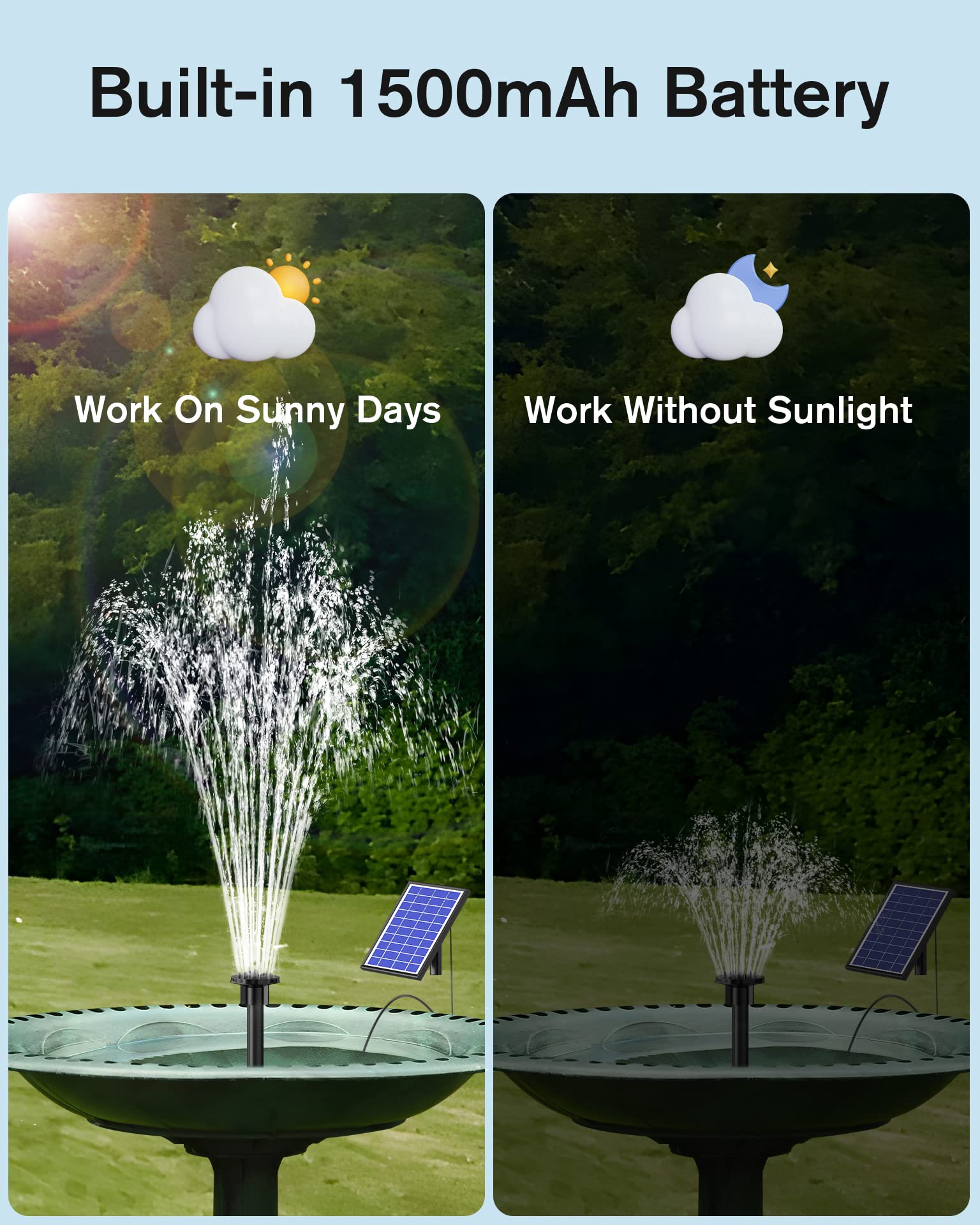 NFESOLAR Solar Water Fountain Pump, 5.5W Solar Power Bird Bath Fountains with 1500mAh Battery Backup, 4ft Tubing 16.4ft Cable, 92.5 GPH Solar Pond Pump for Garden Pool Water Feature Yard Fish Tank