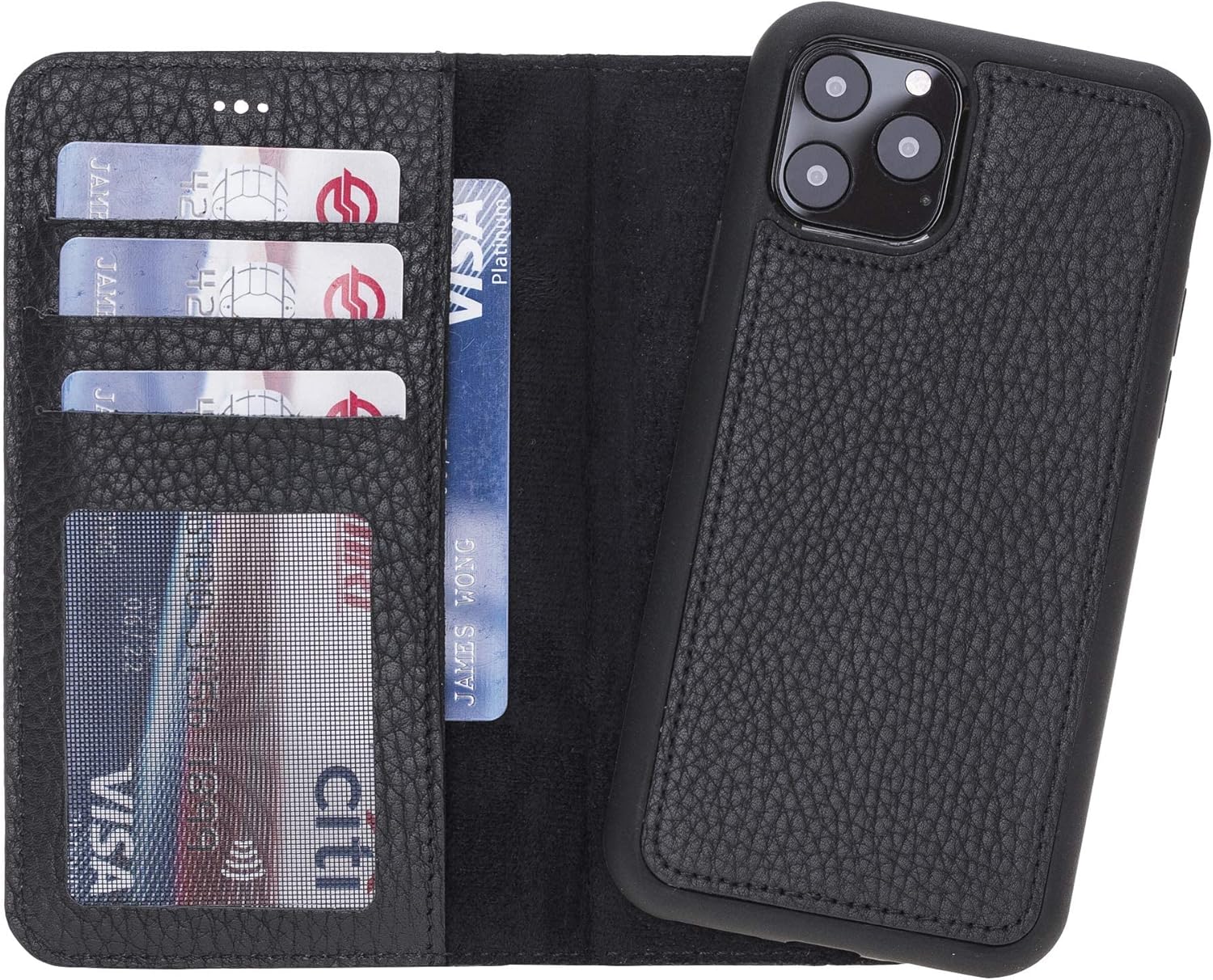 HARDISTON Genuine Leather Handmade Wallet Case Compatible with iPhone 11 Pro 5.8'' - Detachable Magnetic Flip Cover with Card Holders - Horizontal Kickstand Edges (Black)