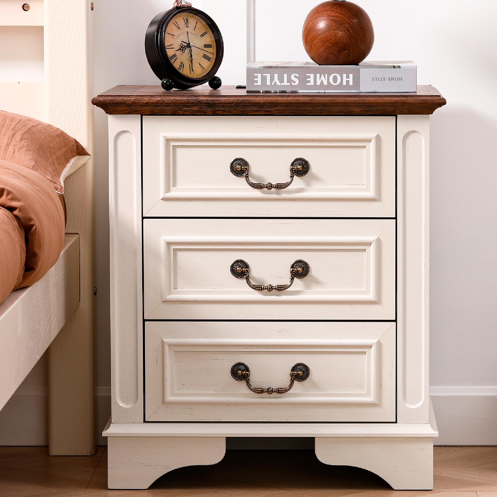 ENOUSHU Farmhouse Night Stand with Charging Station, Bedside Table with 3 Drawers Storage and Outlets, Wood Nightstand for Bedroom, Closet (White)