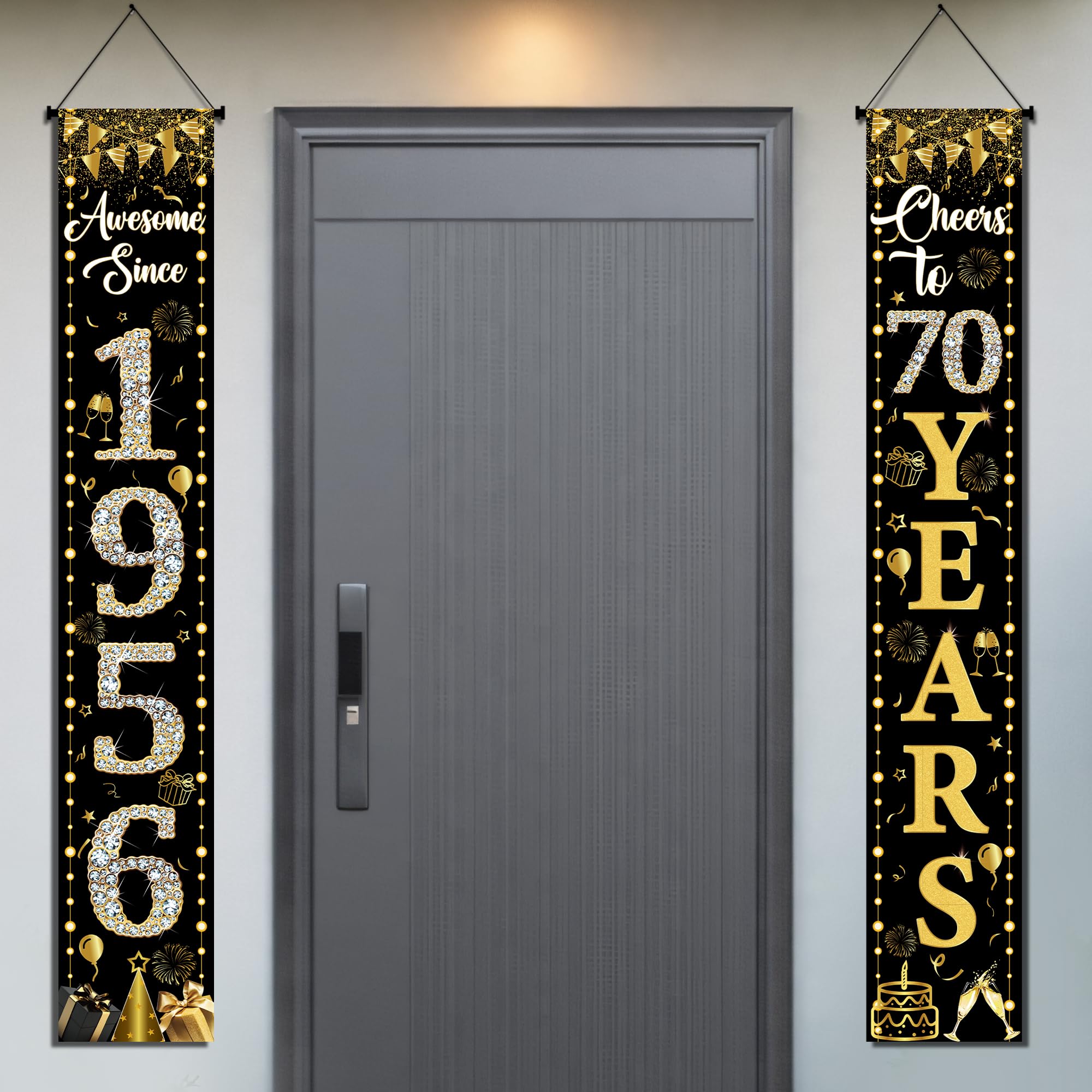 70th Birthday Decorations Door Banners - 2 Pcs Black and Gold Cheers to 70 Years Old Happy Birthday Party Door Awesome Since 1956 Porch Decoration Sign for Men Women Indoor Outdoor Decor Supplies