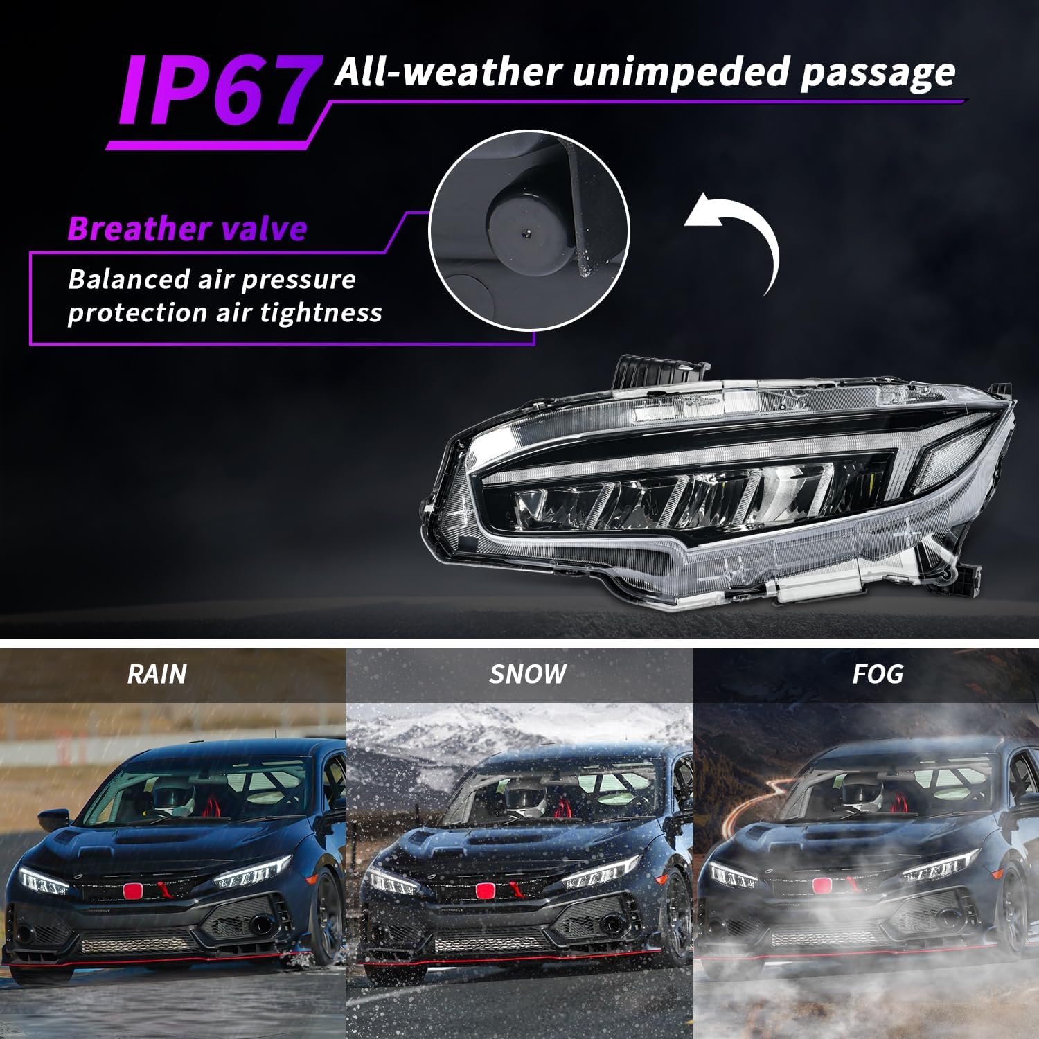 Archaic Headlights Assembly Compatible for 10th Gen Honda Civic 2016-2021,Projector Headlight w Sequential Turn Signal for Civic Sedan/Coupe/Hatchback,for EX/LX/Sport/Touring/Si/Type R, Pair