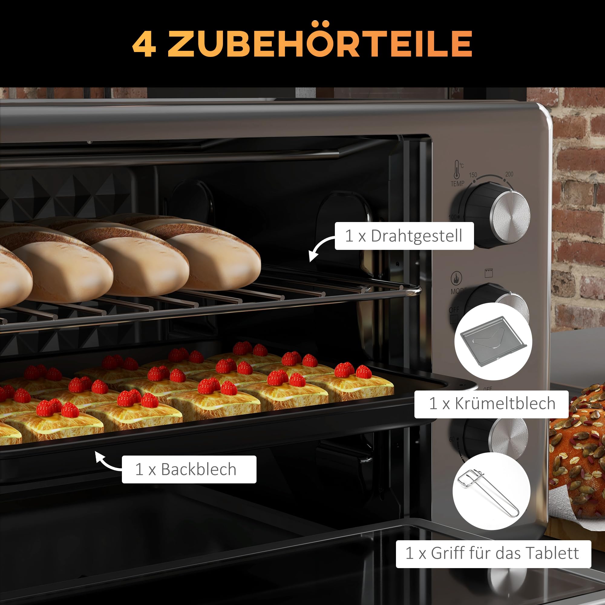 HOMCOM Mini piekarnik, 30 l, mini piekarnik z blachą do pieczenia i rusztem do grillowania, 1600 W, z blachą na okruchy, piec tosty 60-230℃ z timerem 60 min, stal nierdzewna