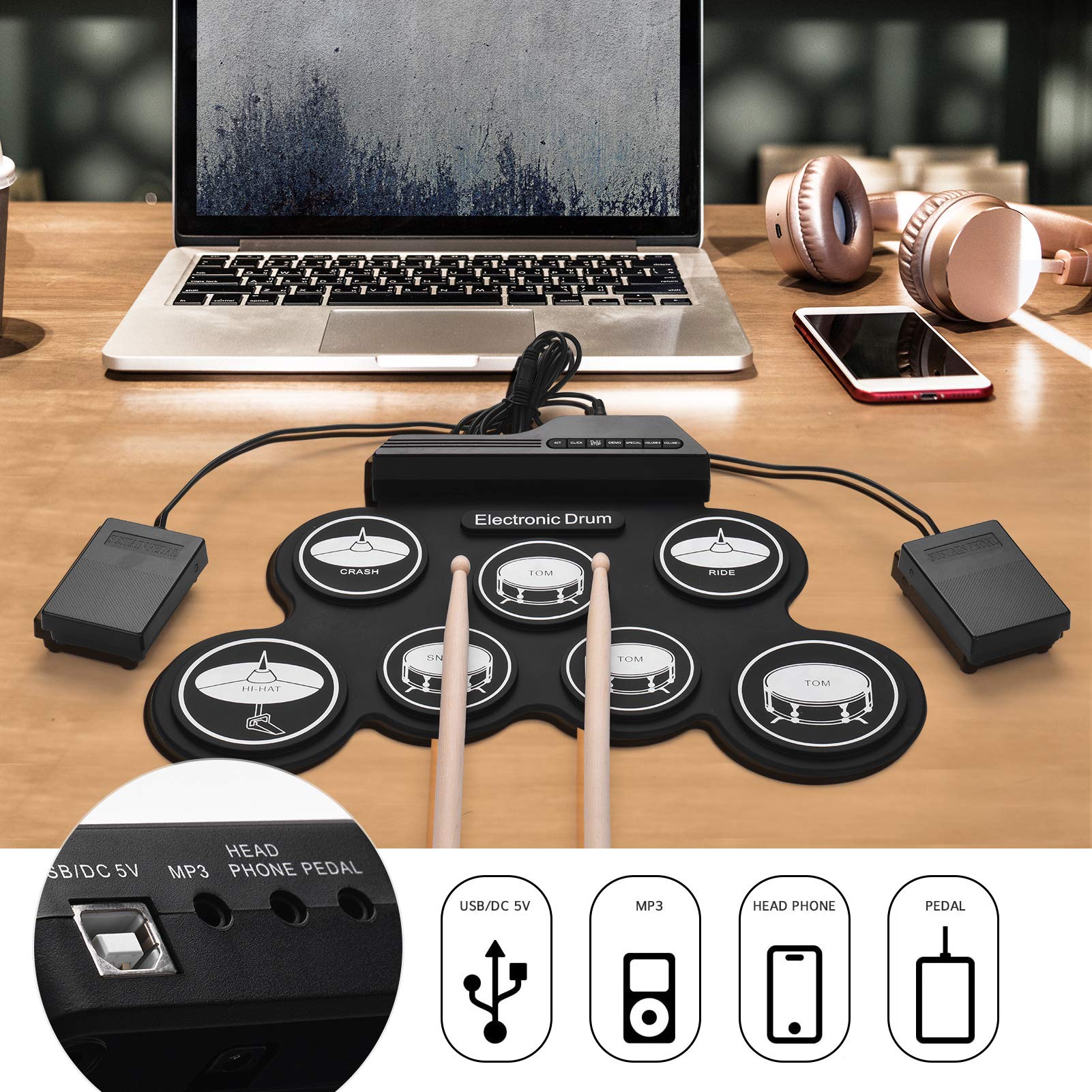 Batteria elettronica compatta USB roll-up in silicone con 7 pastiglie, pedali, digitale, per principianti e bambini