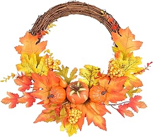LSKYTOP Artificial Pumpkin Fall Leave Berry Wreath - 10