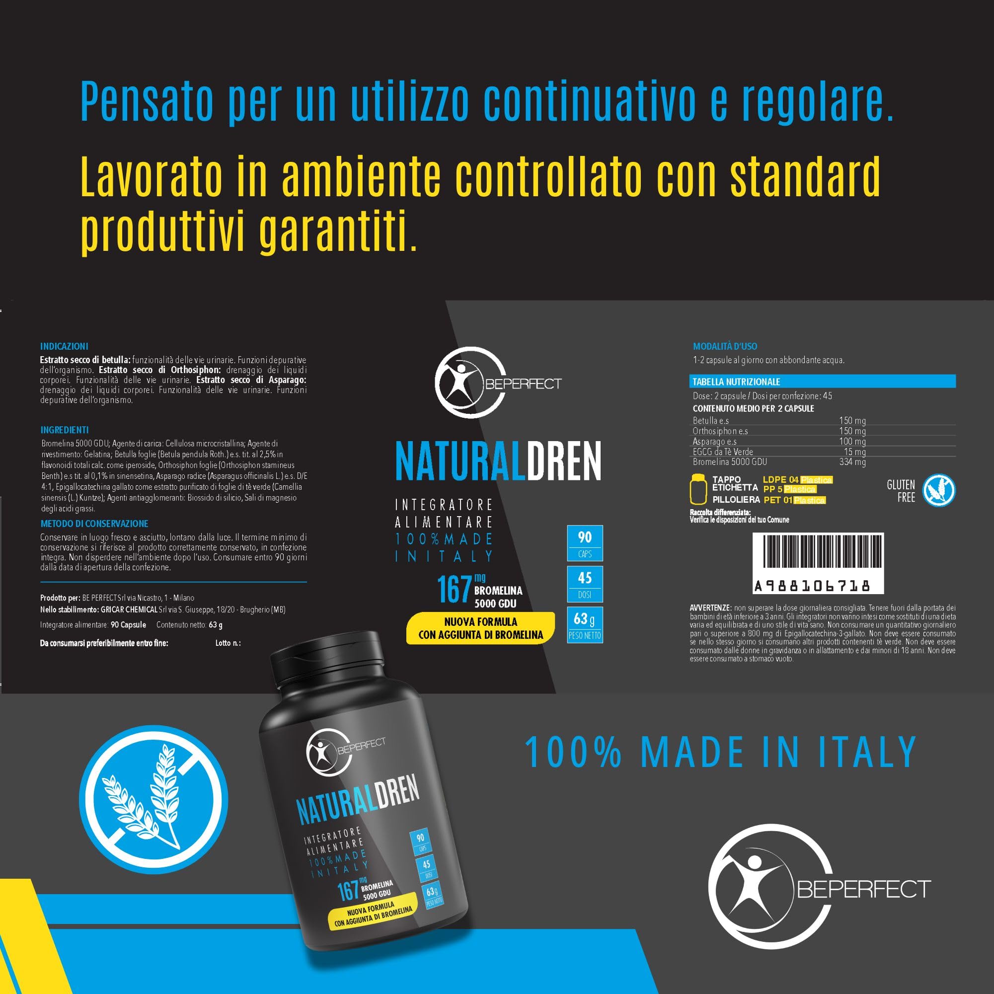 BePerfect Drenante Forte Donna Anticellulite e Diuretico [SCELTO DAI VIP] Capsule ad Alto Dosaggio x Pancia, Gambe, Braccia e Fianchi