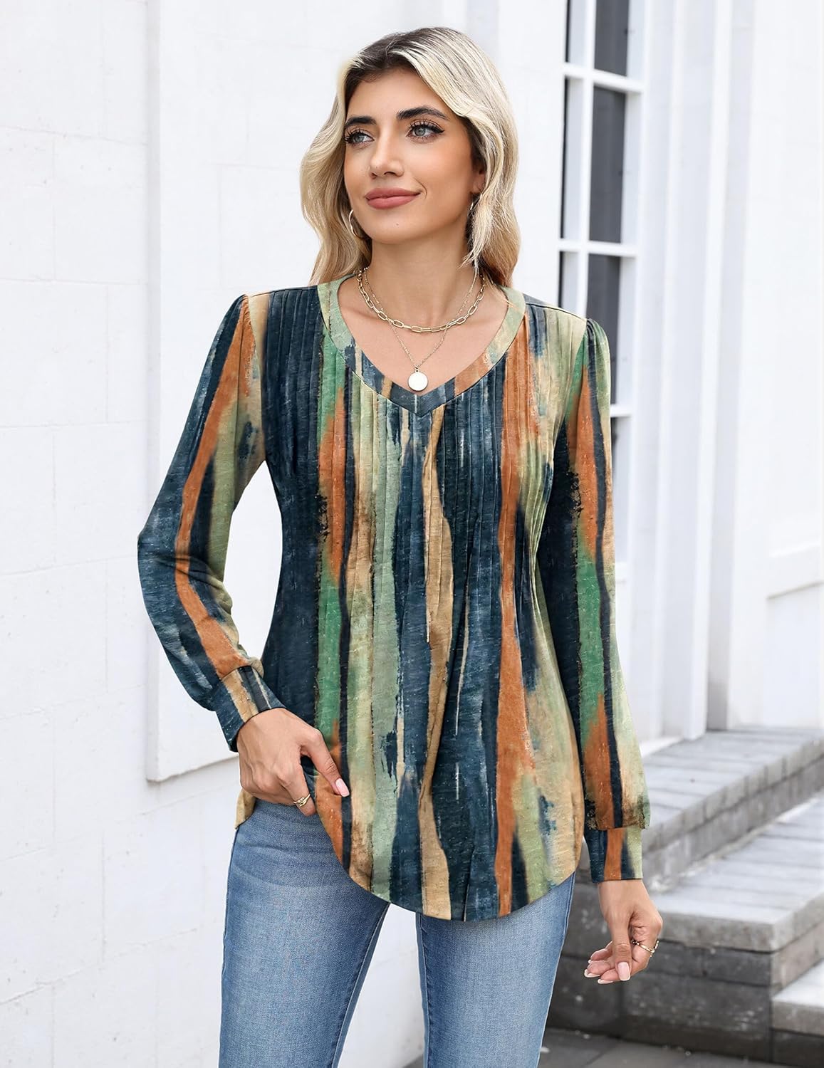 Zeagoo Long Sleeve Shirts for Women Casual V Neck Top Pleated Floral Boho Blouses 2026 Fall Tunics - Image 5