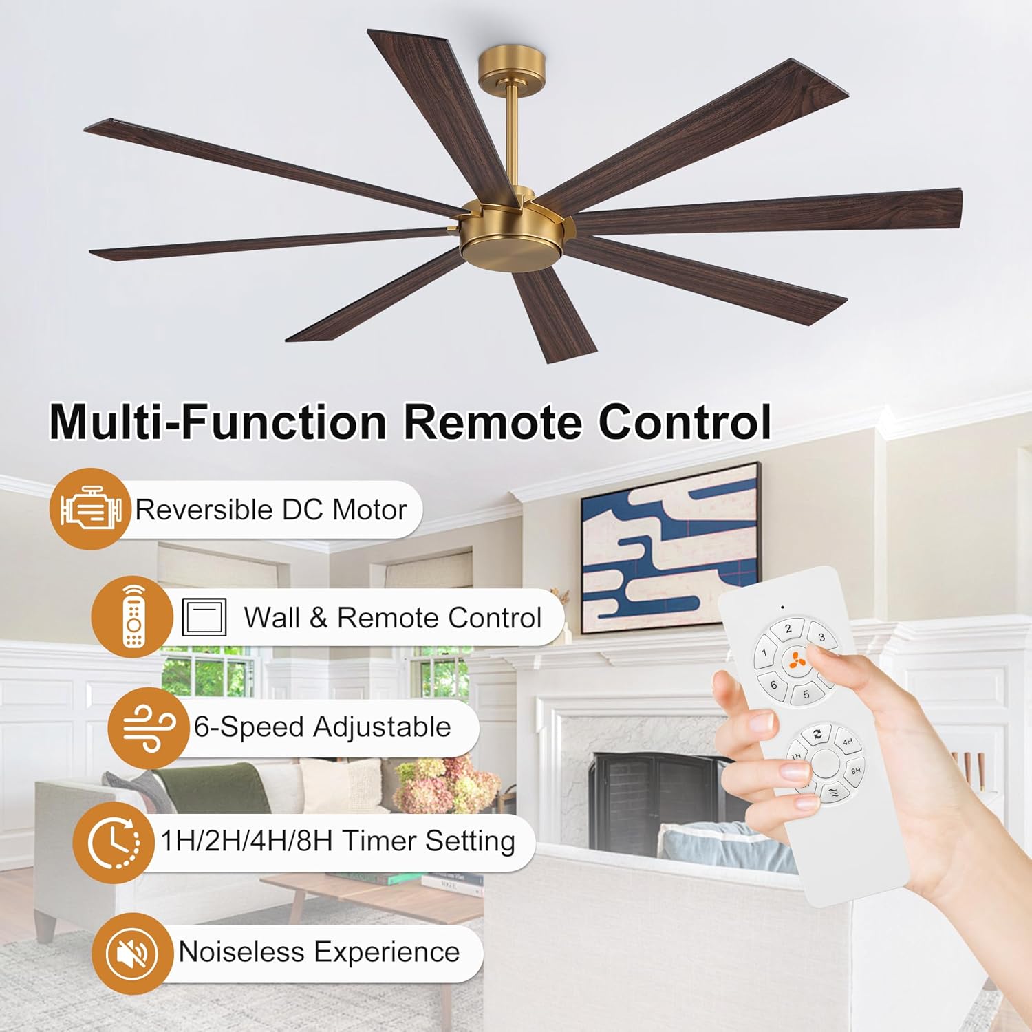 WINGBO 60" Ceiling Fan without Light, Modern Large Ceiling Fan with Remote Control, 6-Speed Reversible Noiseless DC Motor, Gold and Walnut/Black Blades for Living Room, Bedroom & Covered Outdoor