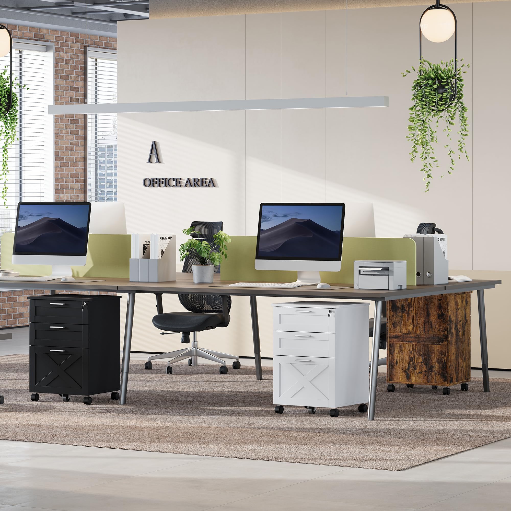 Archivo Móvil 3 Cajones con Cerradura, Cajonera con Ruedas y Estante para Impresora, Organizador de Oficina para Documentos A4, Estructura de Madera, Blanco