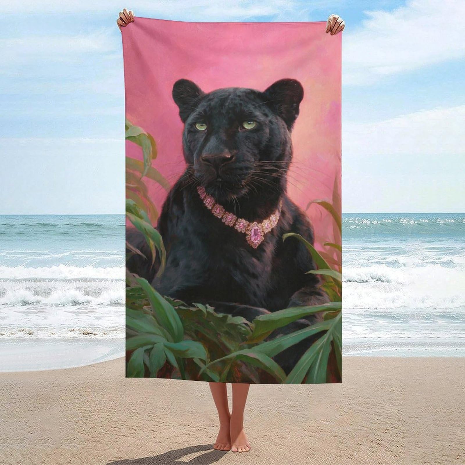 LSRCPD Black Leopard And Green Plant Beach Towel Sand Free Microfiber Large Shower Towels Multipurpose Absorbent for Bathroom Pool 130x80 CM