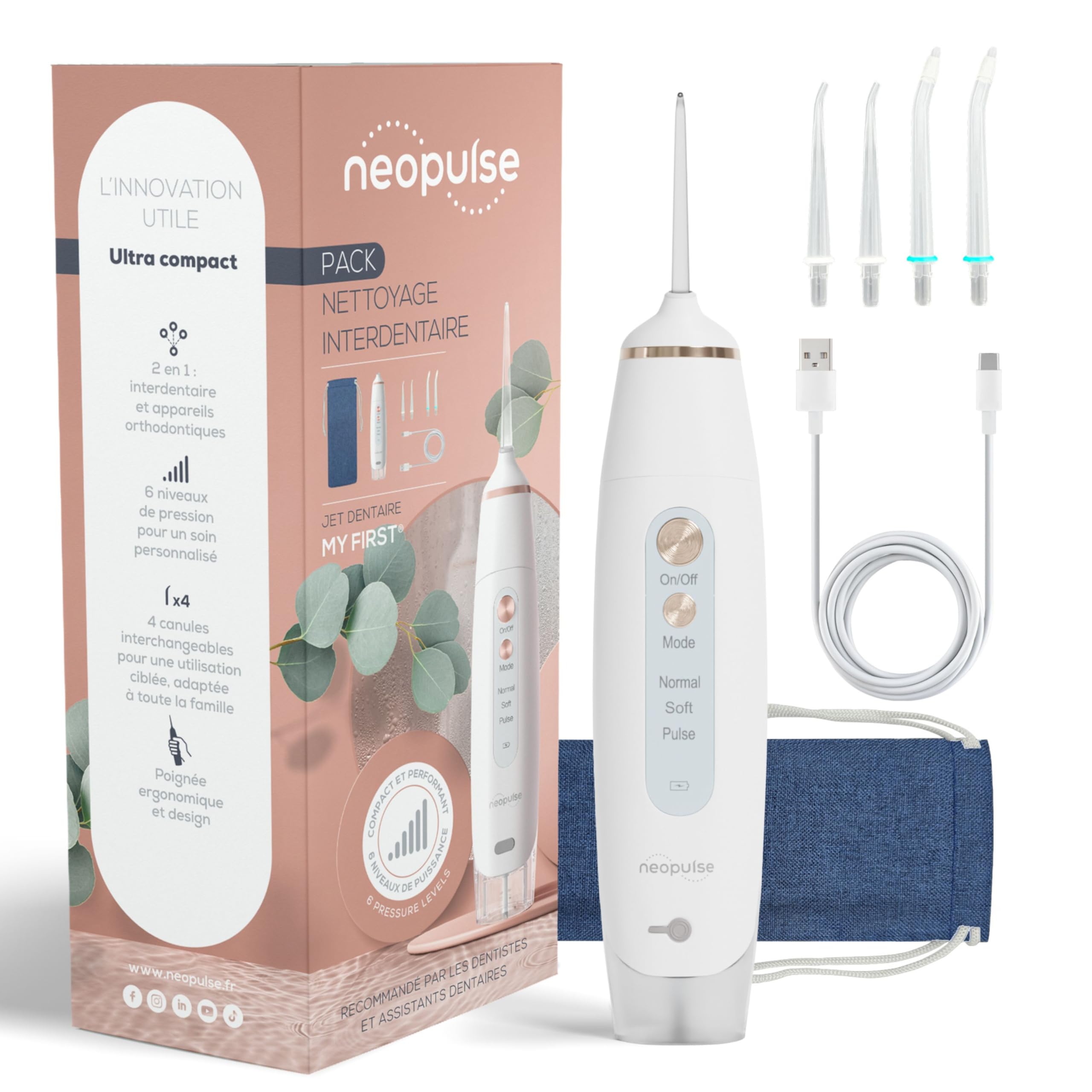 NEOPULSE® - NP3 My First, Hydropulser ortodontyczny: 4 kanule, Usuwa płytkę nazębną, 6 poziomów ciśnienia, francuska marka, obsługa klienta we Francji (biała)
