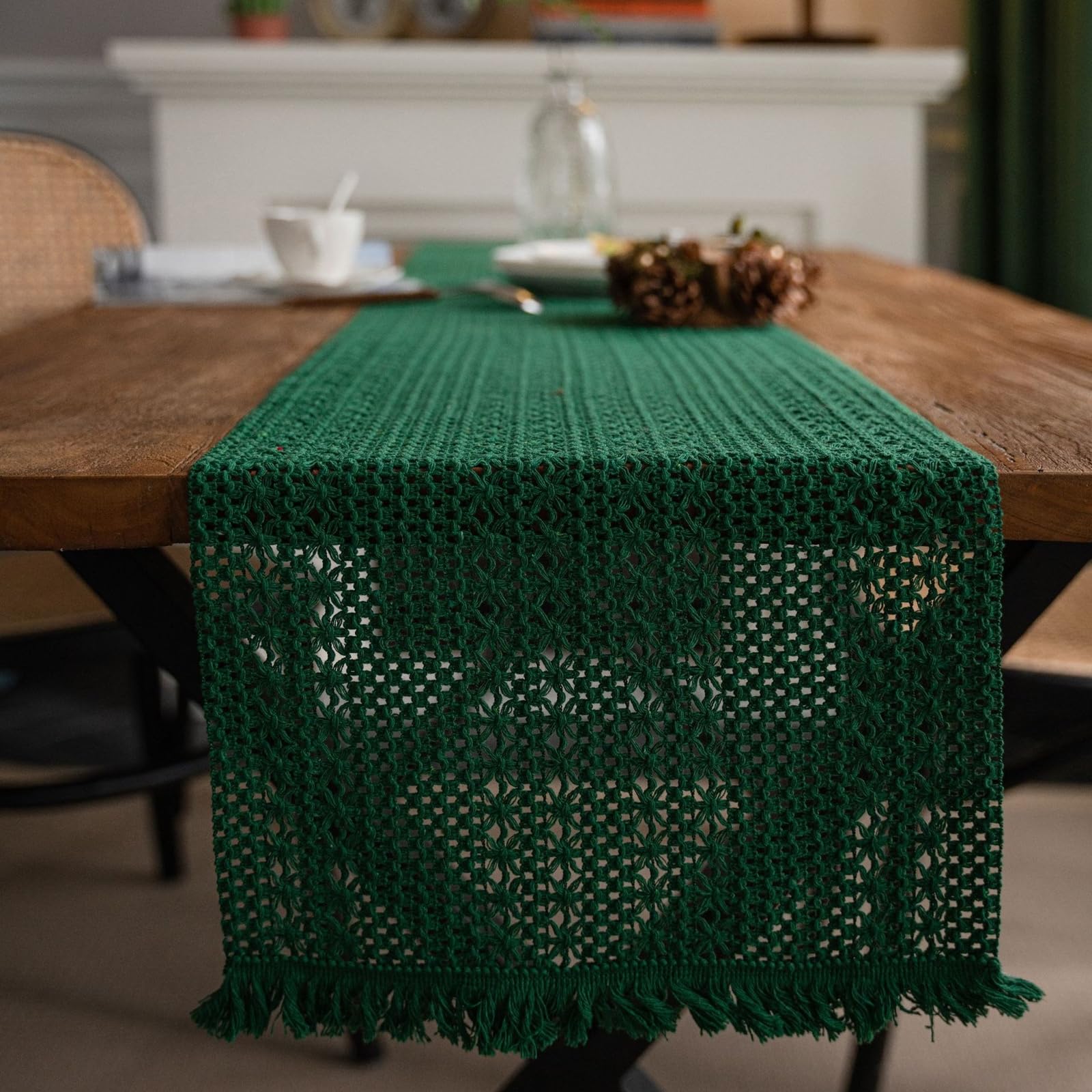 Grün Tischläufer Baumwolle Leinen, Makramee Boho Tischläufer Deko Abwaschbar Tischband Einfarbig Gewebter mit Quasten Tischdecke für Küche Esszimmer Hotels Tischdeko, 30x450 cm, Grün