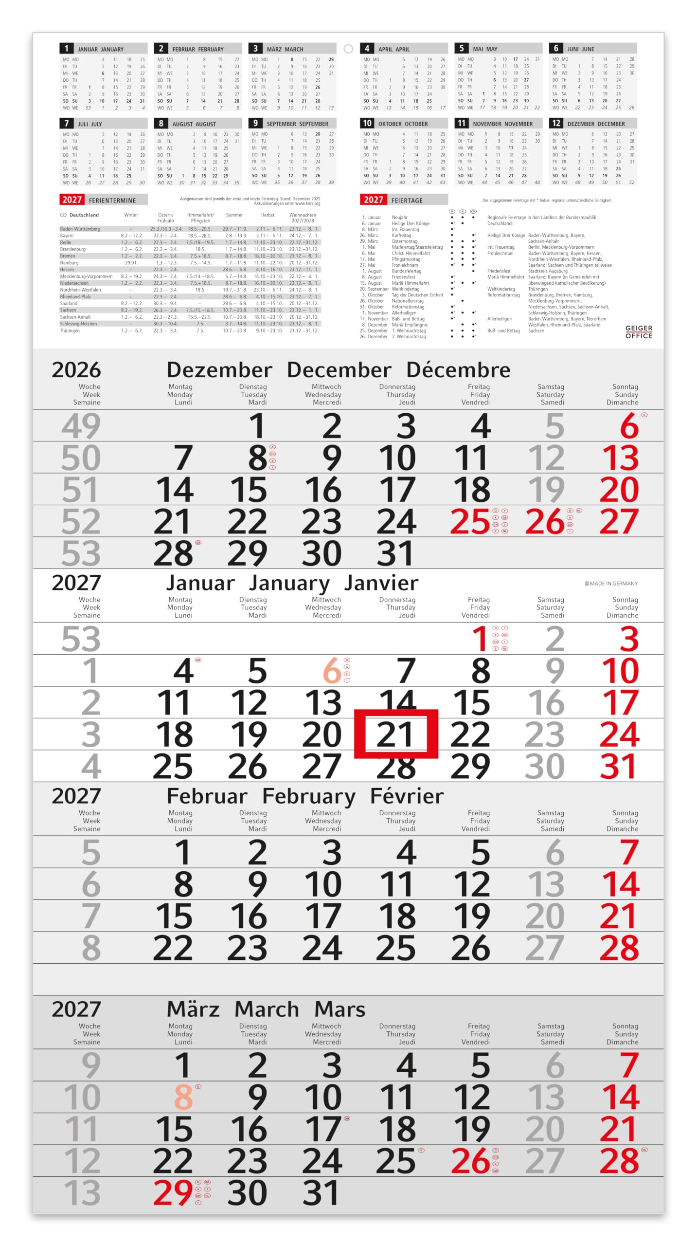 4 Month Calendar 2027 Wall Calendar with Slider - "INFO" Calendar 2027 Wall Calendar 30 x 56 cm Large - Office Calendar | with School Holidays, Holidays & Yearly Overview (Information 4 Months (1 — image 1