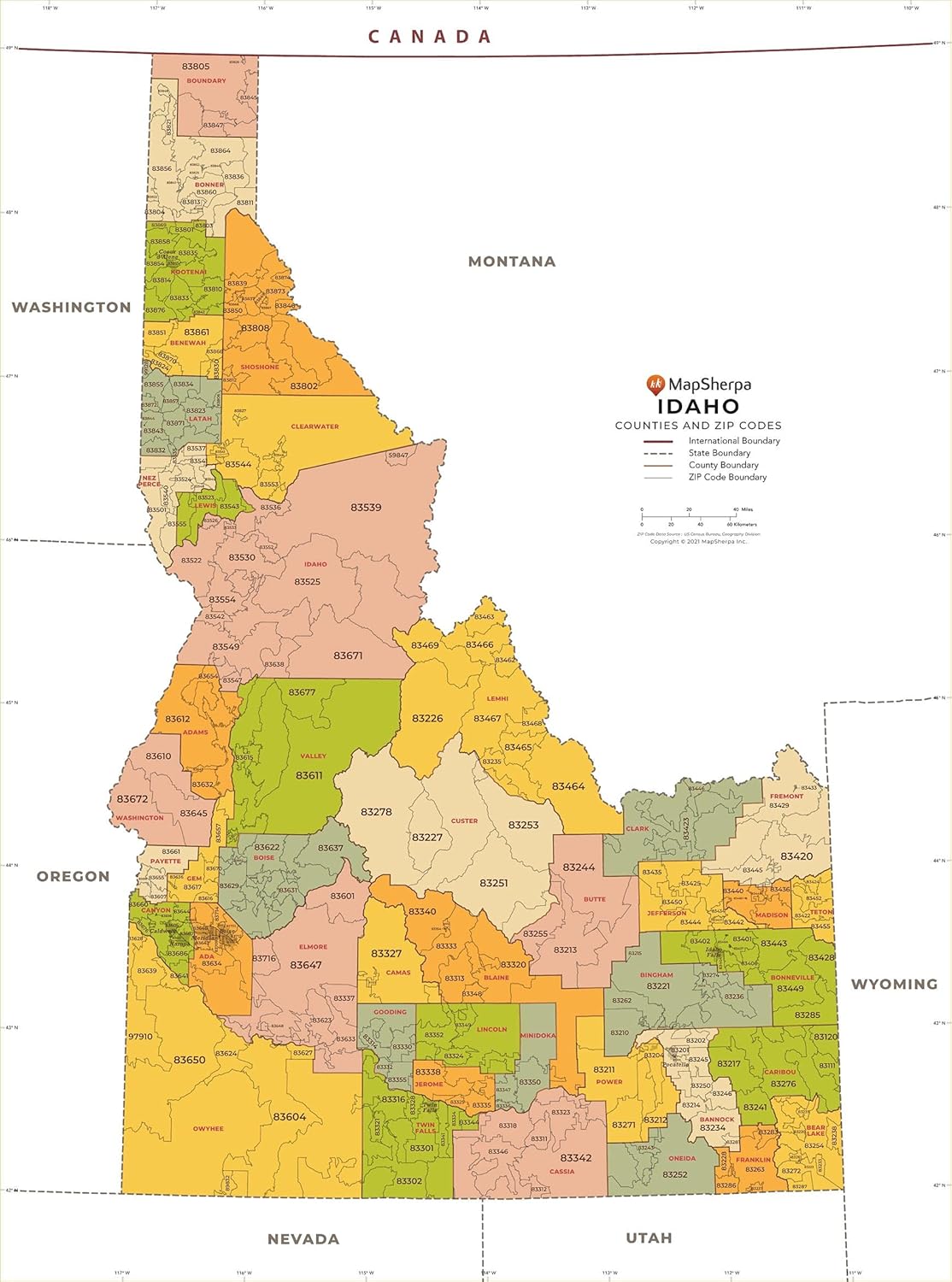 Idaho Area Code Map Idaho Zip Code Map With Counties - Standard - 36" X 48.5" Rolled Canvas :  Amazon.ca: Everything Else
