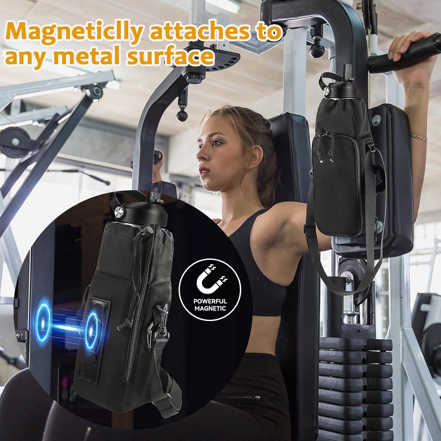 Bagenerous Gym Magnetic Water Bottle Holder with Adjustable Shoulder Strap and Phone Pocket,Holds 30/40oz Bottle Sleeve with Handle/Handleless,7 Card Pockets Black