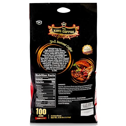 Miniatura 2 de TNI King Coffee Café vietnamita instantáneo 3 en 1, 100 paquetes de una sola porción  Palitos individuales de tamaño de bolsillo  Mezclado con café,