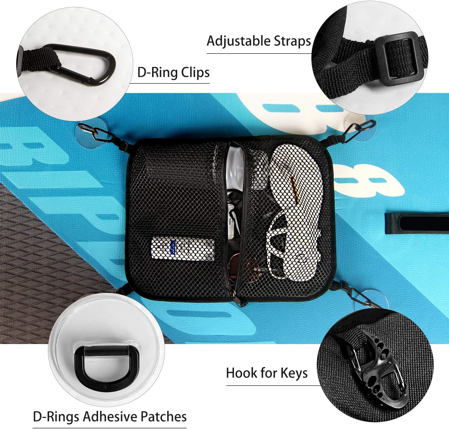 Unigear Paddleboard Deck Bag, Mesh Storage Bag Sup Accessories with 4pcs D-Ring Patches with Waterproof Phone Case