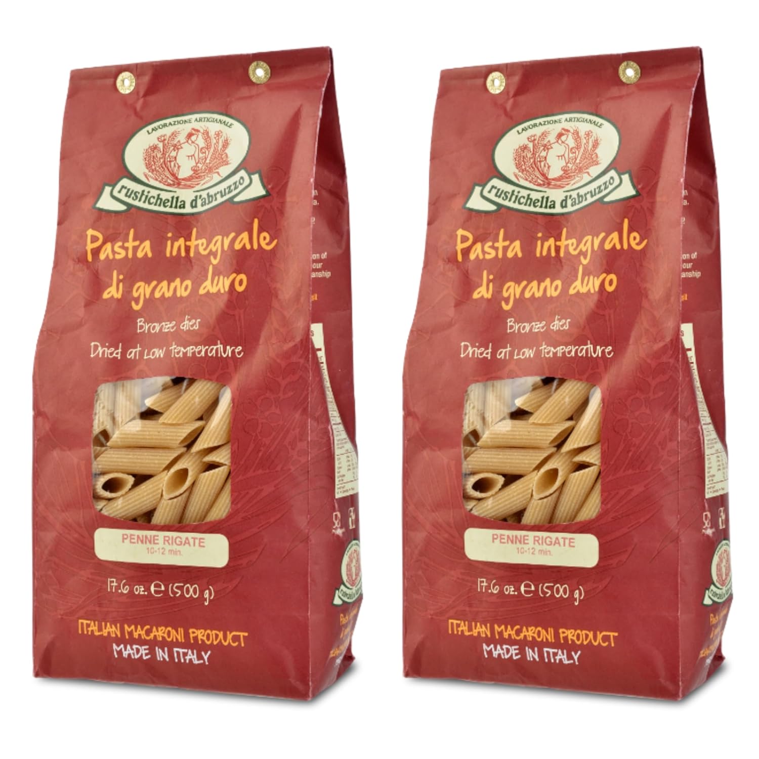 Rustichella d'Abruzzo Whole Wheat Penne Rigate Pasta, Stone-Ground Durum Semolina, High Bran Content, Nutty Flavor, Perfect for Rich Sauces & Baked Dishes, Authentic Italian, 500g, 2-Pack