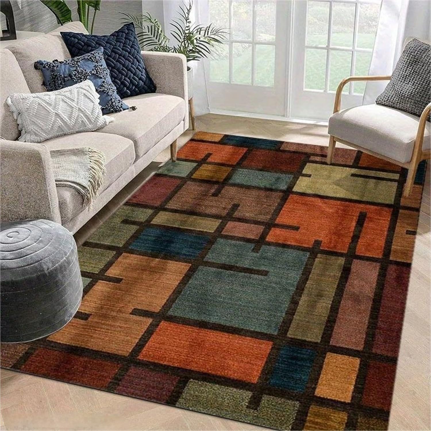 Kuluoits Vintage Geometric Area Rug, 60x90cm Classic Distressed Style Colorful Patchwork Plaid Pattern Living Room Rugs, Non-Slip and Easy Care Rugs, Washable Large Carpet for Living Room, Bedroom