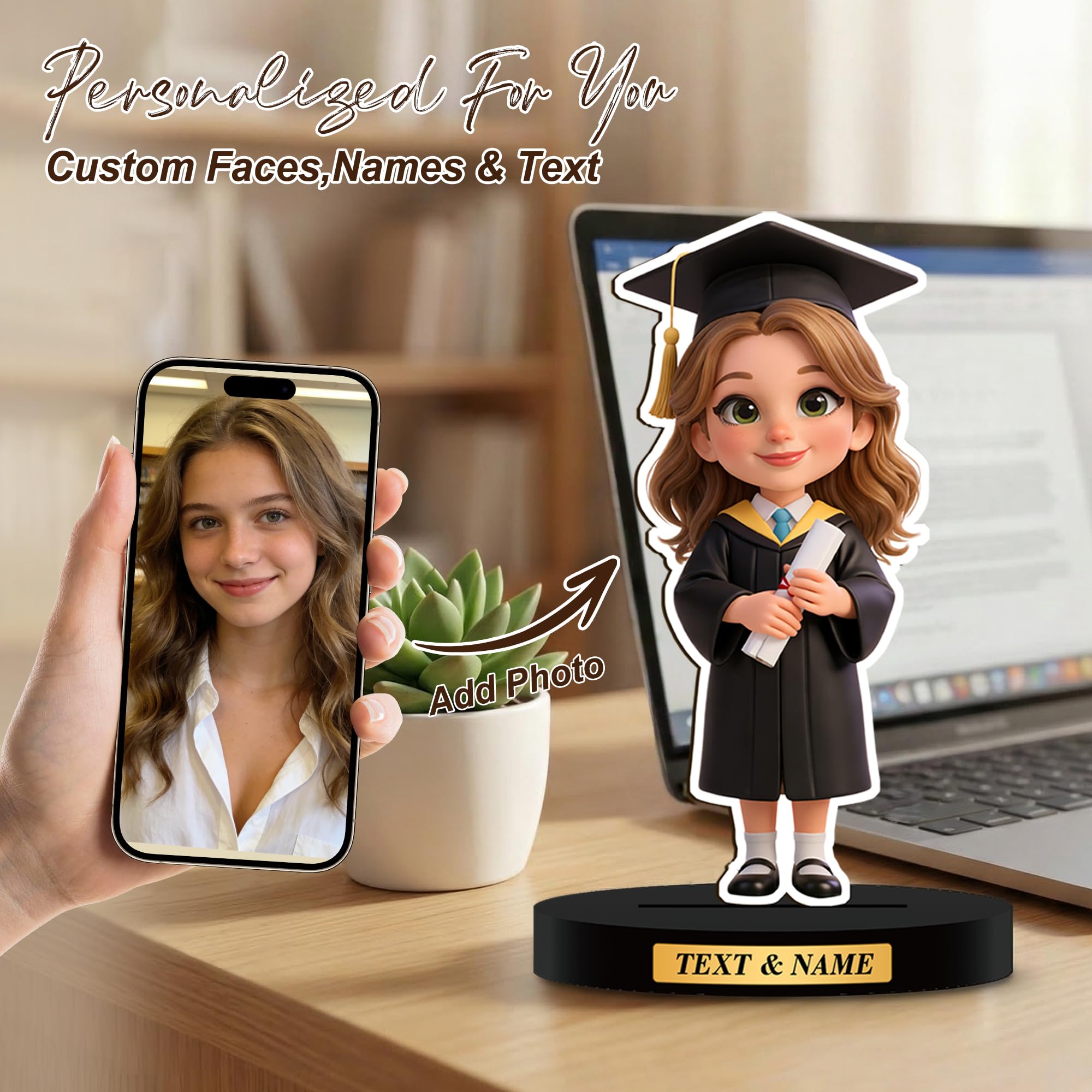 Figura de Madera con Foto en 2D para Graduación - Regalo Personalizado con Retrato de Dibujos Animados