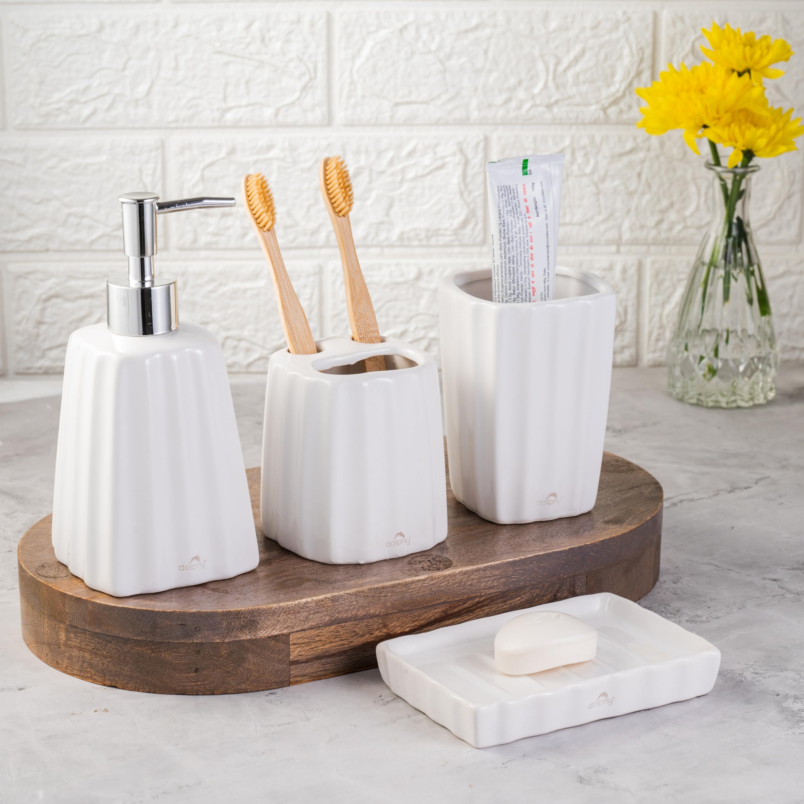 Dolphy Ceramic Bathroom Set – Stylish 4 Piece Bath Accessories Kit with Soap Dispenser, Brush Holder, Tumbler & Soap Dish – Designer Decor for Home & Guest Bathrooms - White-image-38