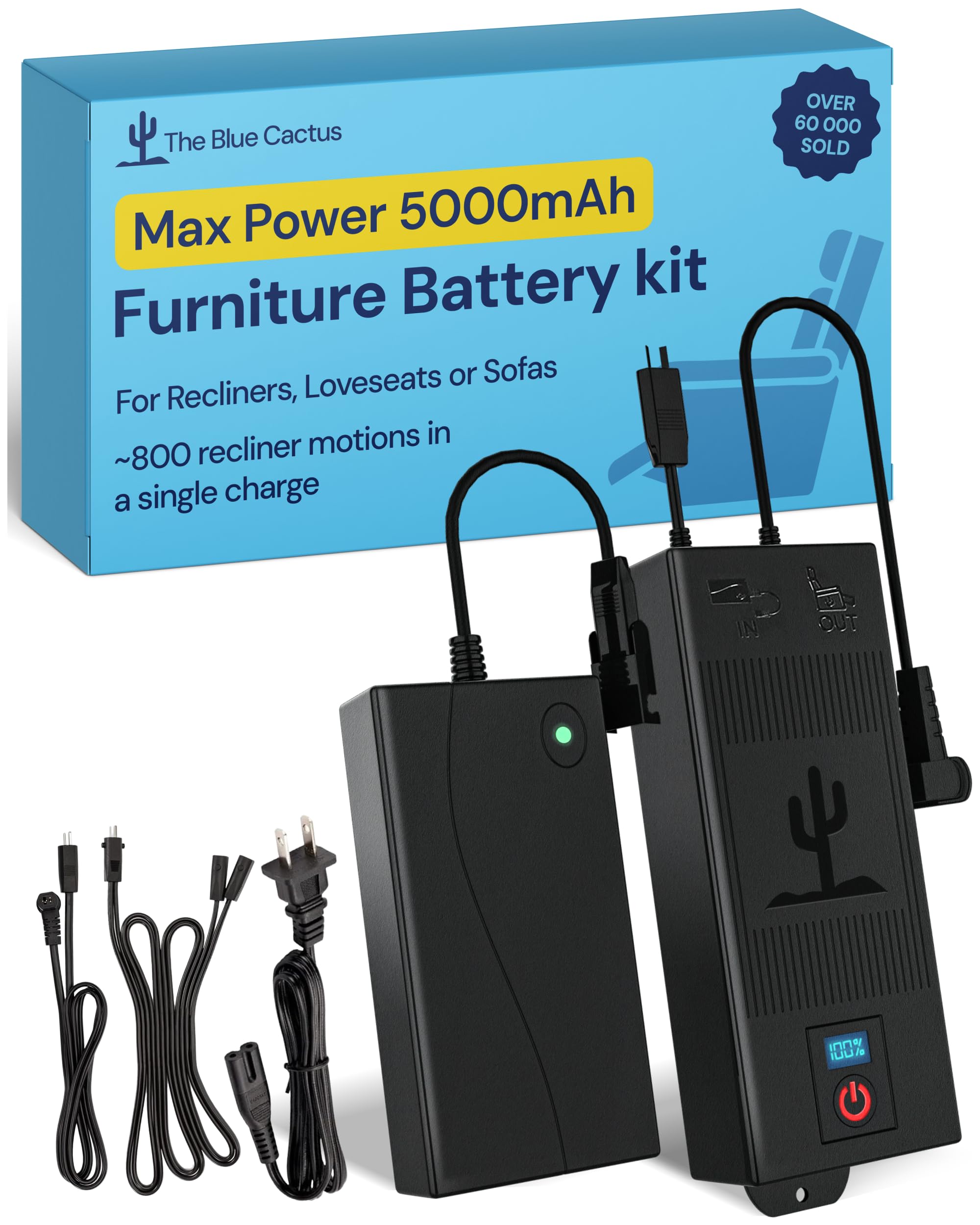 The Blue Cactus Rechargeable Battery Pack for Reclining Furniture - 5000mAh Battery, Charger, Cords, 2-Pin Connector - Wireless with LED & Low Charge Alert - Couch Battery Pack for Reclining Sofa