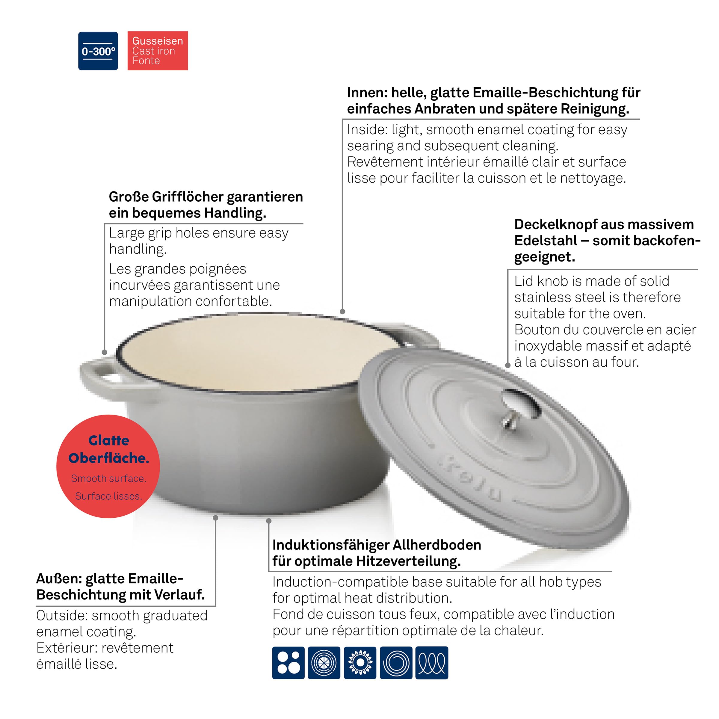 kela Garnek żeliwny okrągły 2,5 litra, Dutch Oven CALIDO, indukcyjna brytfanna żeliwna z pokrywką, żeliwny garnek do pieczenia chleba, emaliowany, czarny