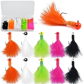 Crappie Jigs Rooster Feather Tail Fishing Jigs 20pcs Marabou Jigs Lures Kit