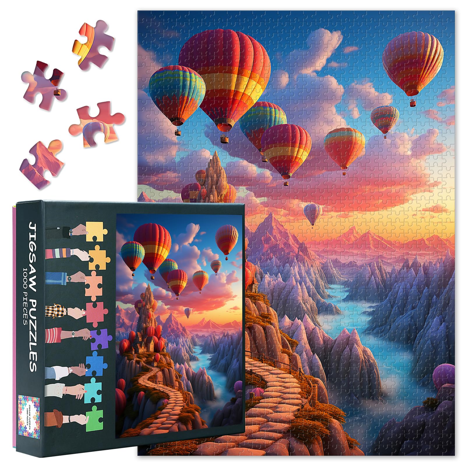 1000 Pieces Hot Air Balloons Jigsaw Puzzles for Adults Challenging Colorful Hot Air Balloons Flying over Mountain Jigsaw Puzzles Funny Landscape Puzzle as Gifts for Family Friends 27.5"X19.7"