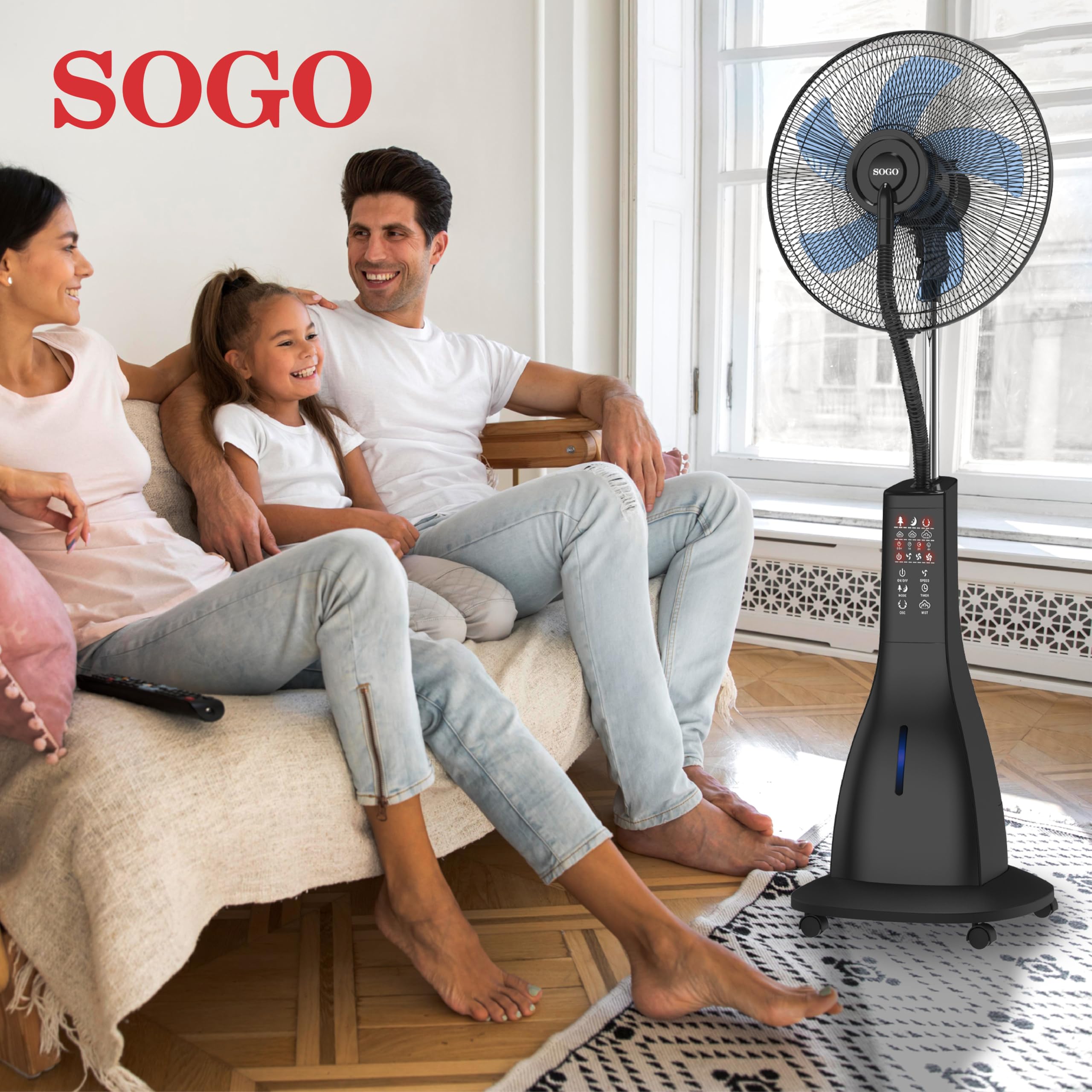 SOGO Ventilador Nebulizador De Agua Con Mando A Distancia - Ventilador Silencioso Oscilante Con Temporizador 7.5h - Panel LED Táctil Y Ruedas - Depósito 3L 90W