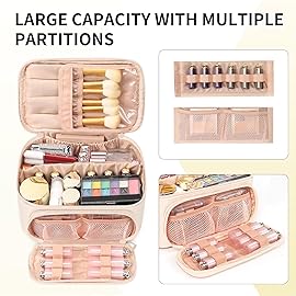 OCHEAL Makeup Bag, Multifunctional Make Up Bags Large Compact Makeup Bag Organizer Cosmetics Toiletry Brushes Storage Case for Women Girls Makeup Case with Handle Divider- Beige