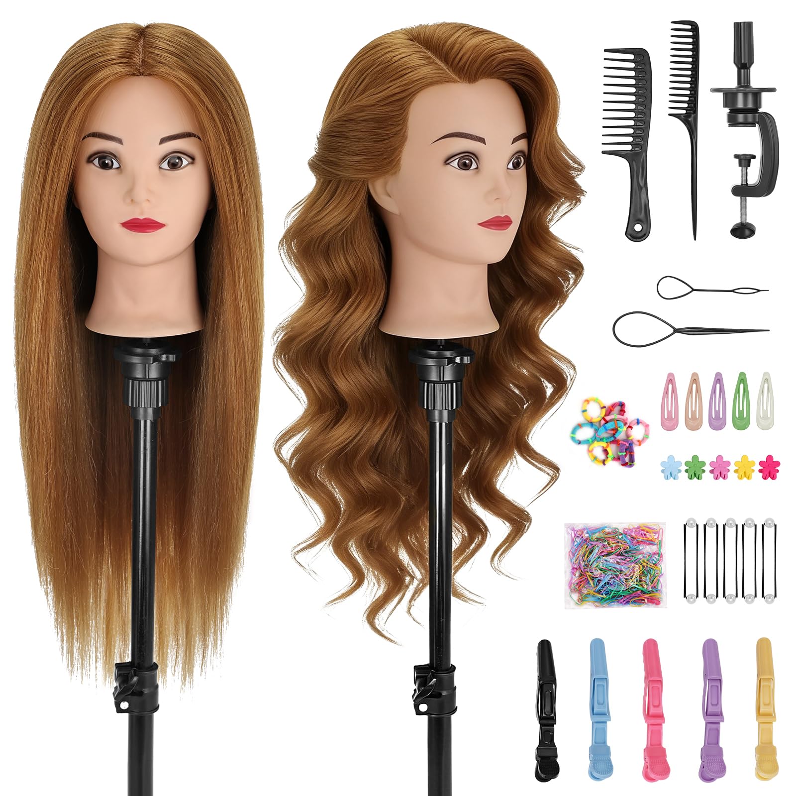 TwoWin Głowa fryzjerska z zwiększoną gęstością włosów, 80% naturalne włosy, głowa do ćwiczeń 66 cm / 26 cali, głowa fryzjerska, głowa do treningu dla fryzjerów do stylizacji i praktyki fryzjerskiej z