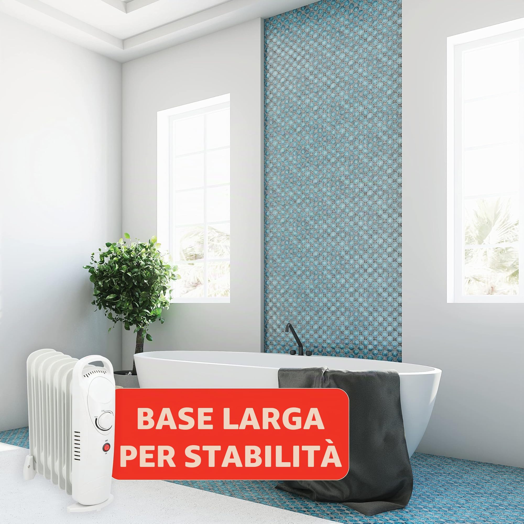 alpina Radiatore a olio 850 W, 7 elementi, termostato meccanico, riscaldamento elettrico a risparmio energetico, regolatore di potenza a basso consumo energetico, compatto e portatile, bianco, normale